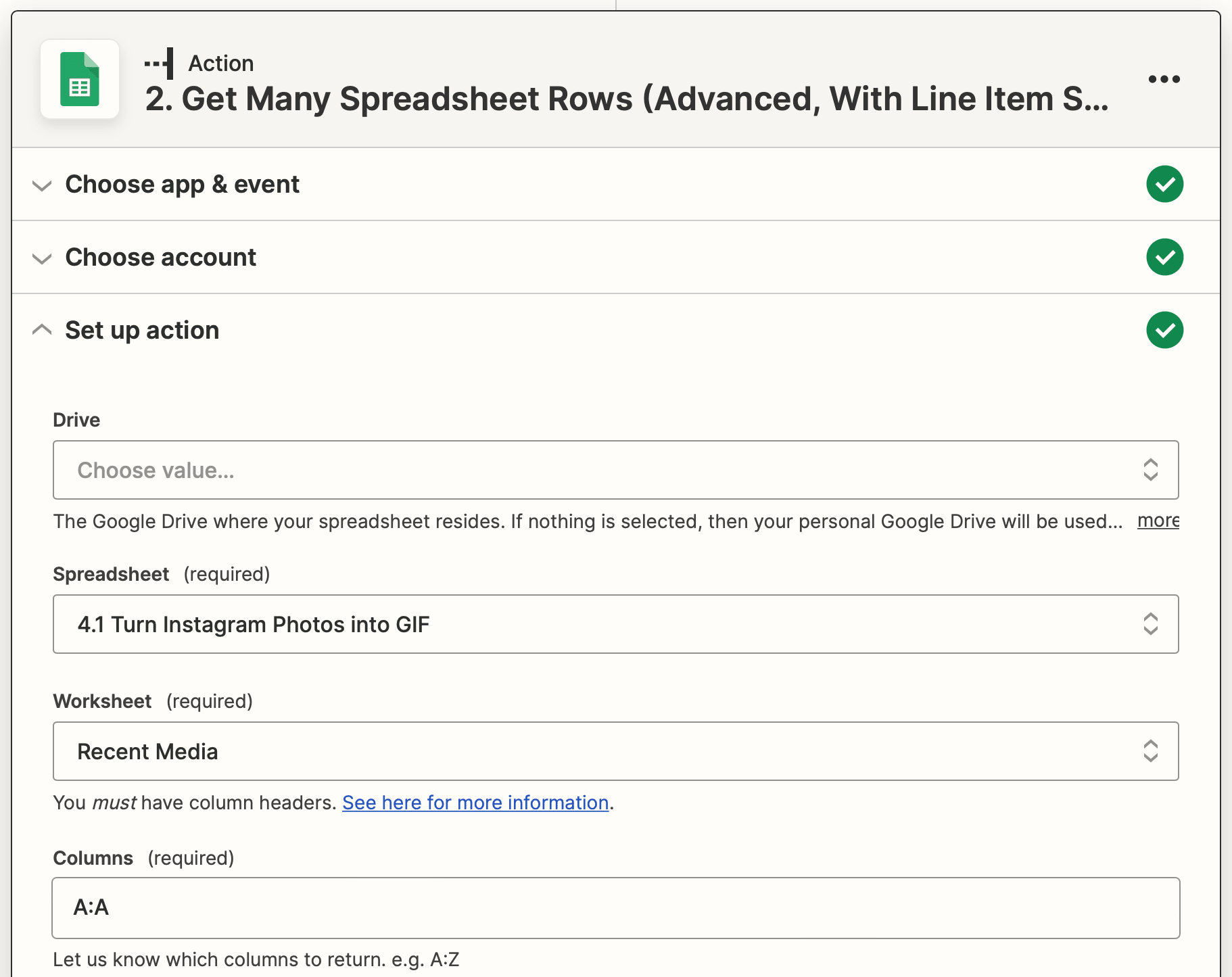 Screenshot of Zapier Google Sheets get many spreadsheet rows action setup