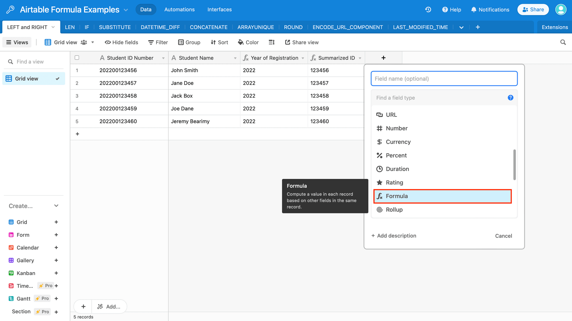 Screenshot of Airtable with red box around formula field type