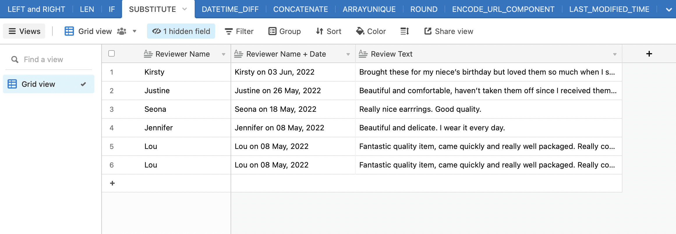 Screenshot of Airtable substitute formula example