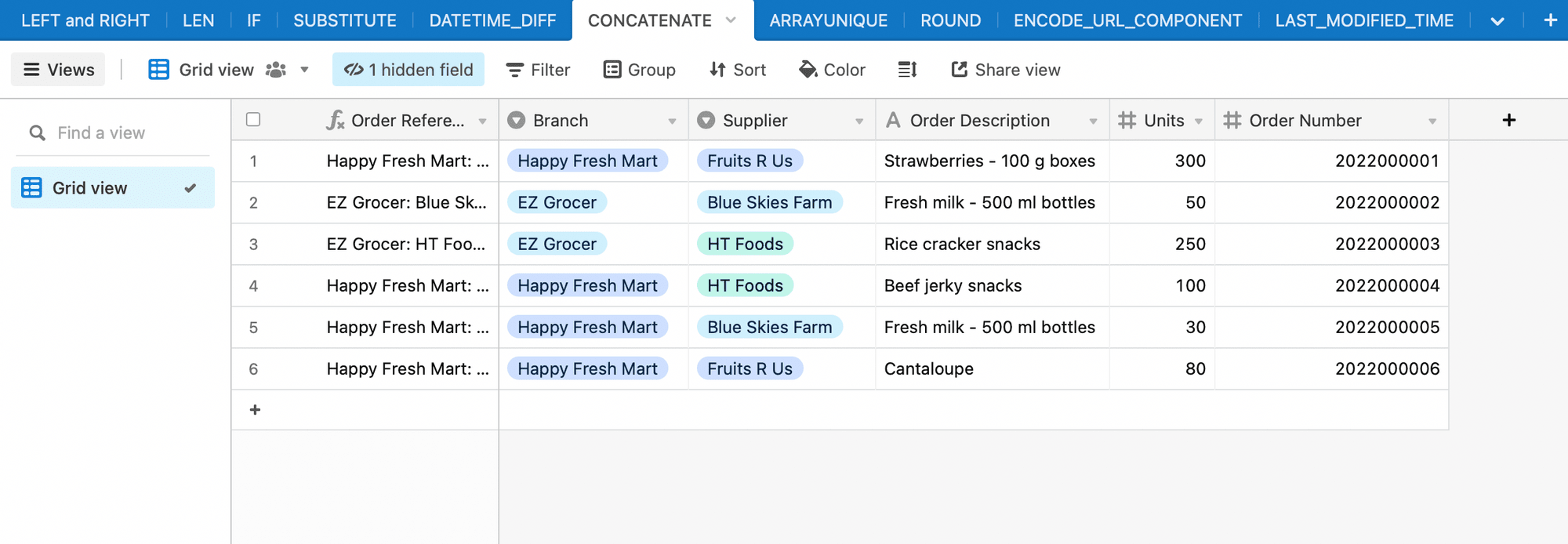 Screenshot of Airtable concatenate formula example