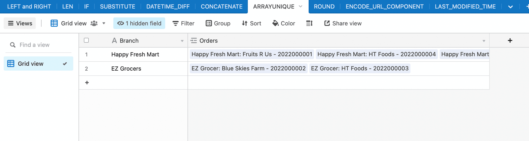 Screenshot of Airtable array unique formula example