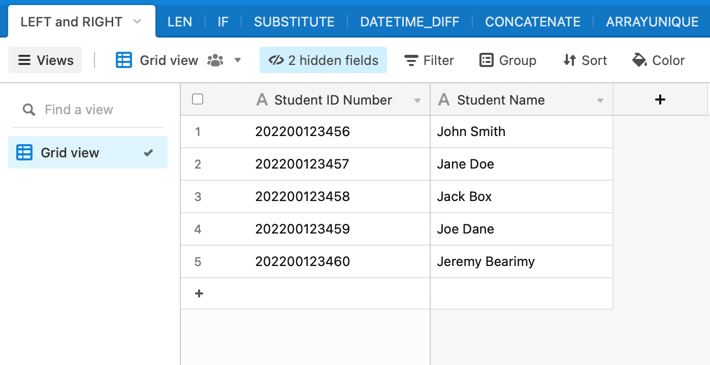 Screenshot of Airtable left and right formula example