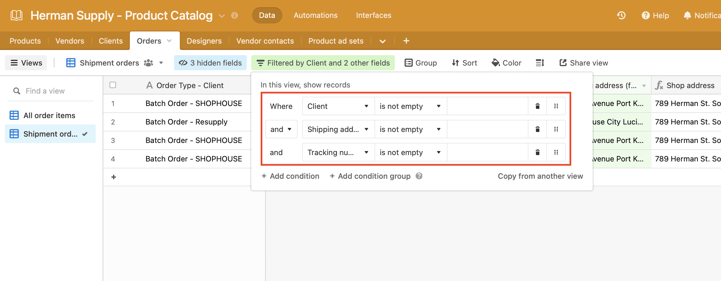 Screenshot of Airtable shipment orders view with filters outlined in red