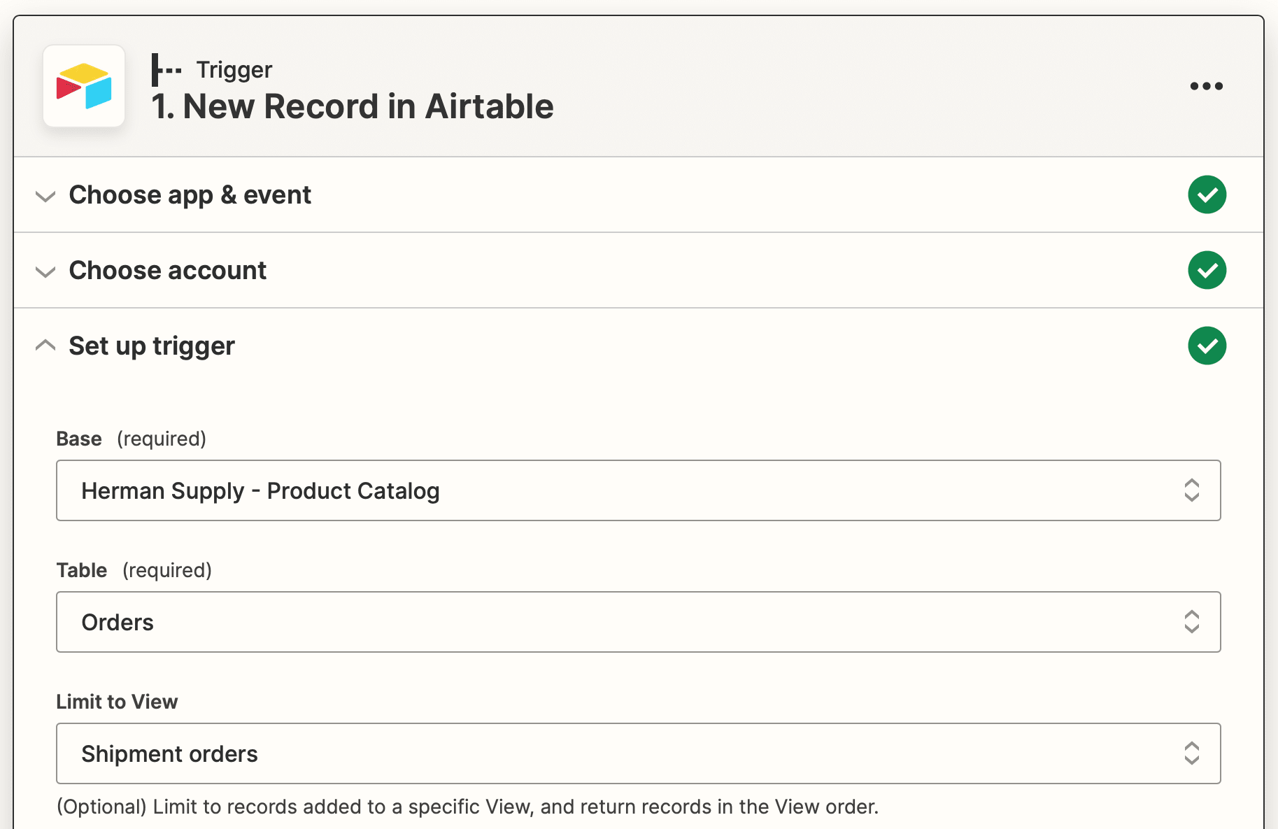 Screenshot of Zapier Airtable new record trigger setup