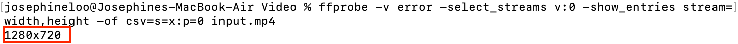 a screenshot of using FFmpeg command to get a video's dimension