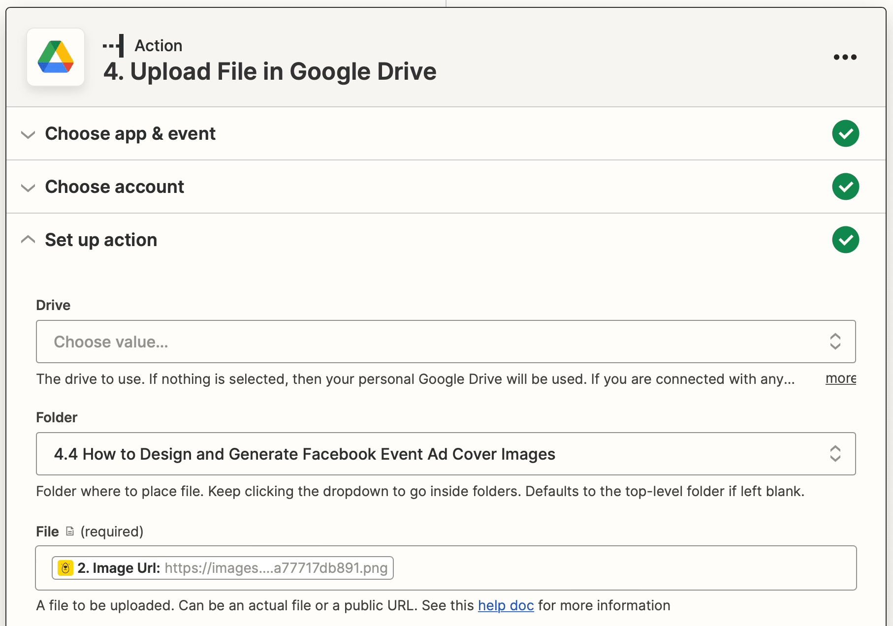 Screenshot of Zapier Google Drive upload file action setup