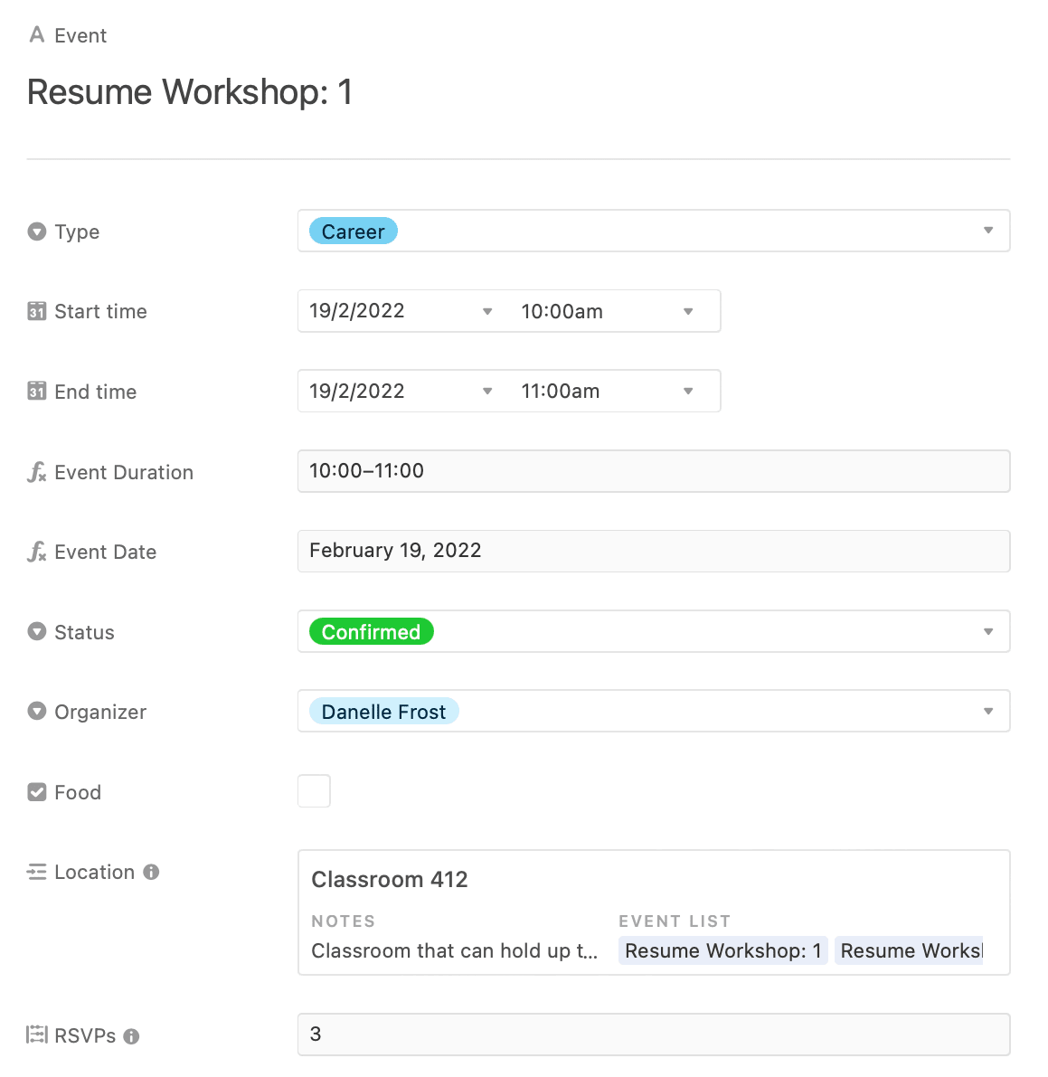 Screenshot of Airtable event fields