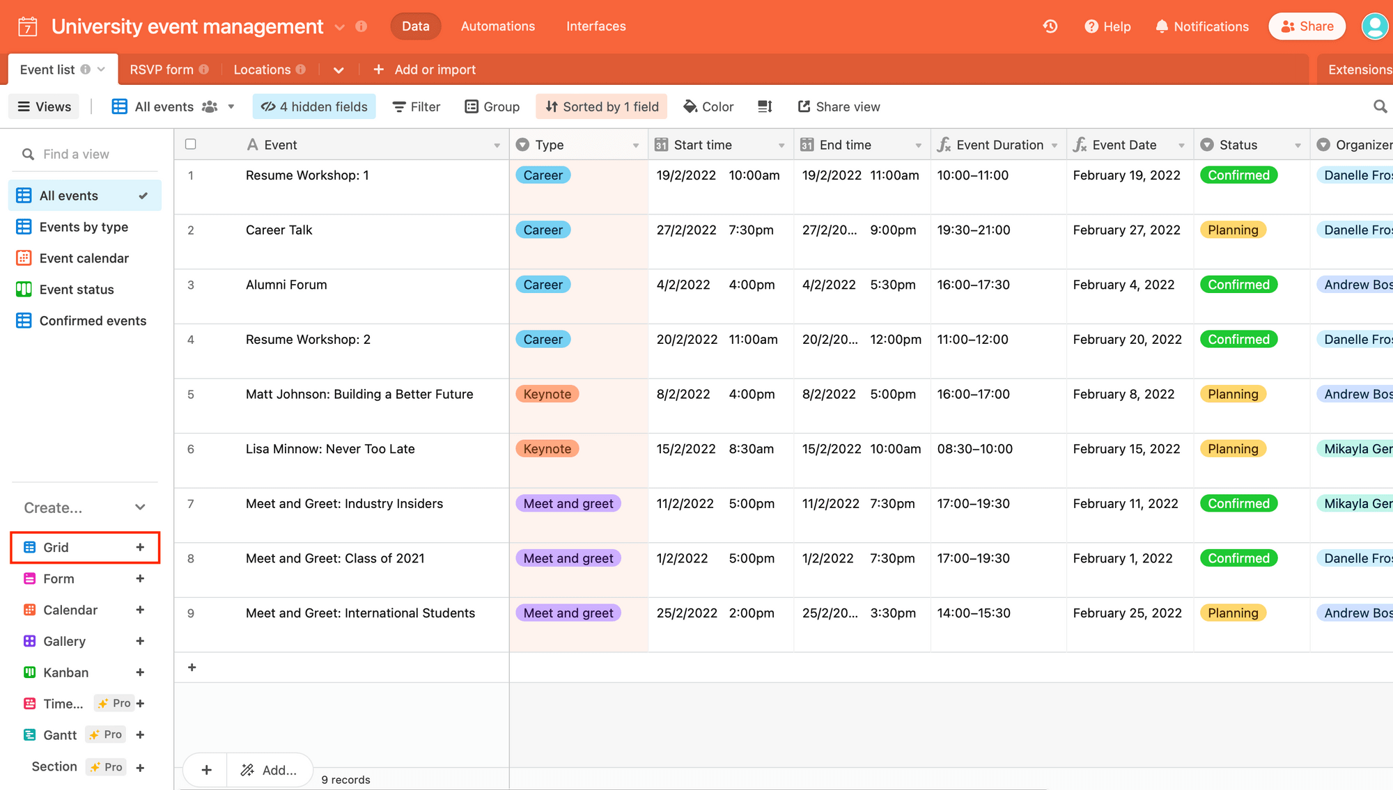 Screenshot of Airtable all events view with grid outlined in red box