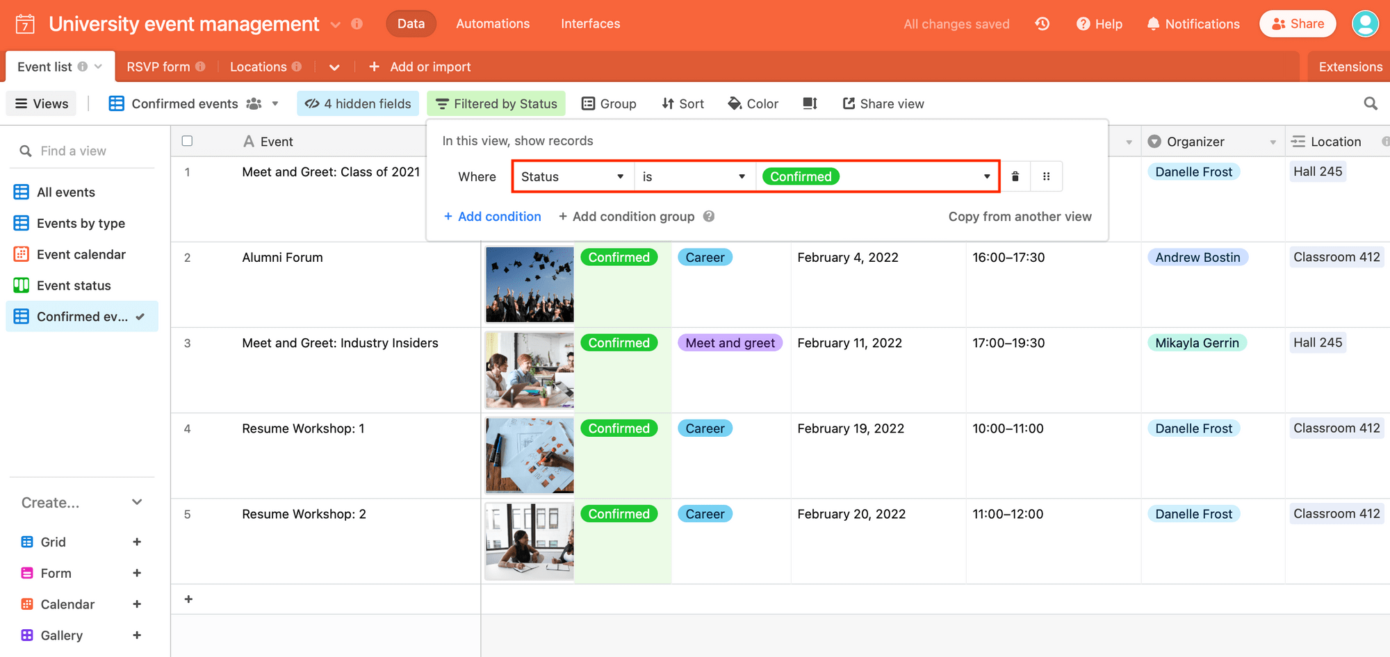 Screenshot of Airtable confirmed events view with filter in red box