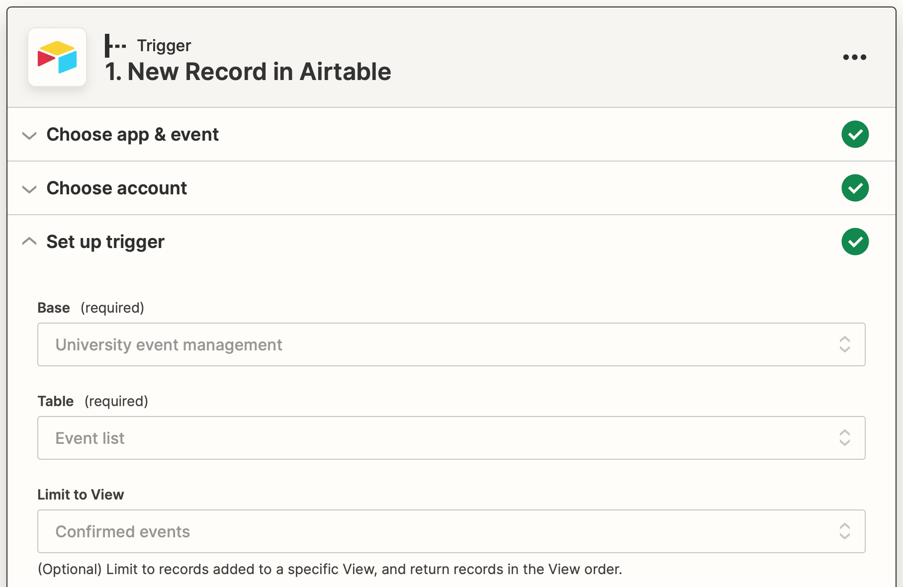 Screenshot of Zapier Airtable new record trigger setup