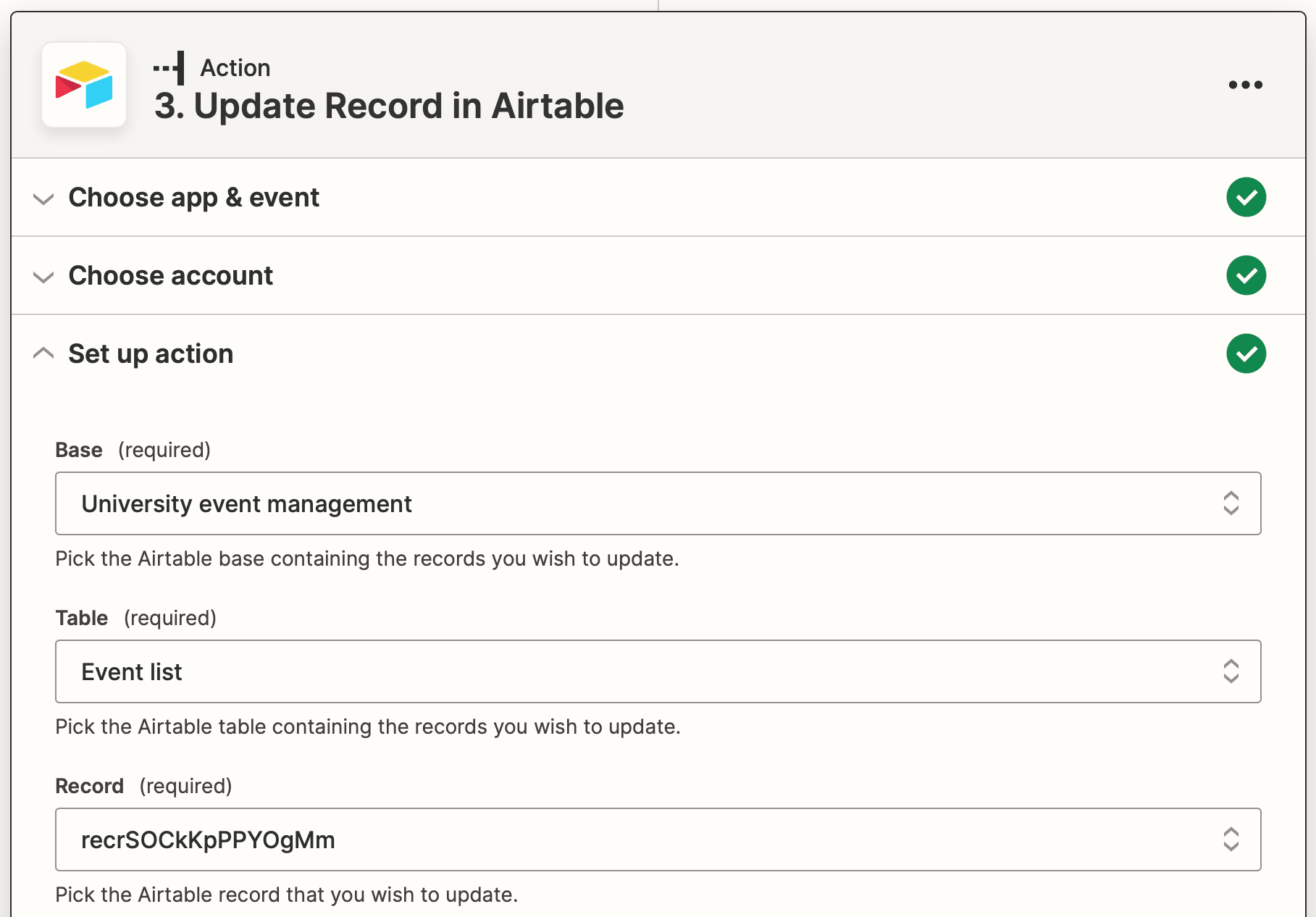 Screenshot of Zapier Airtable update record action setup