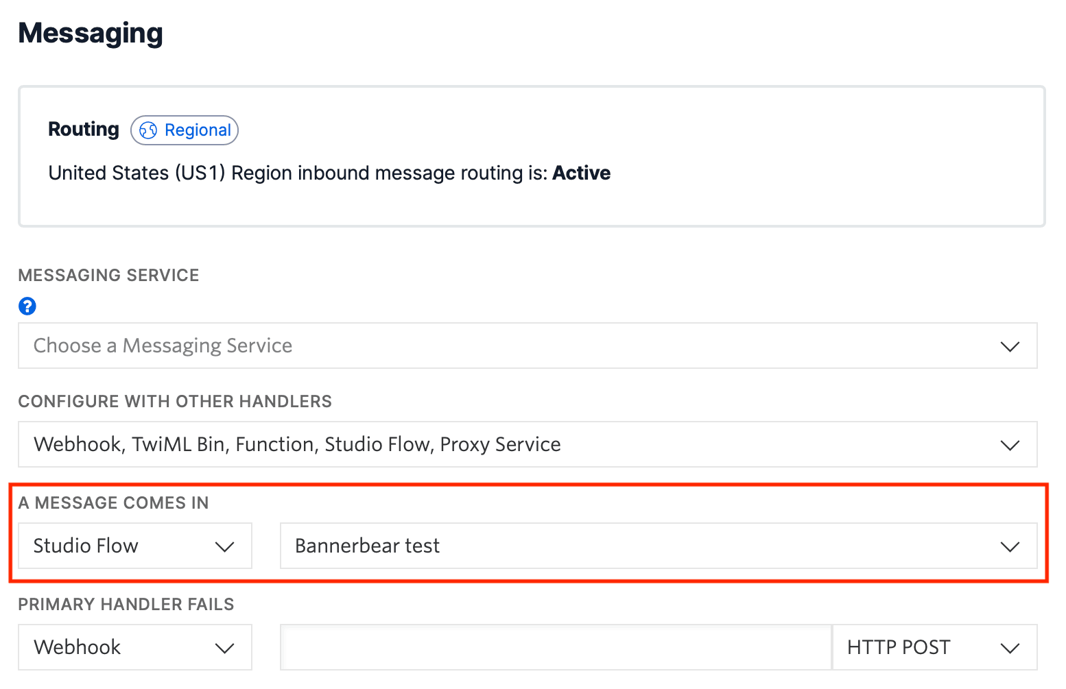 Screenshot of Twilio number messaging configuration