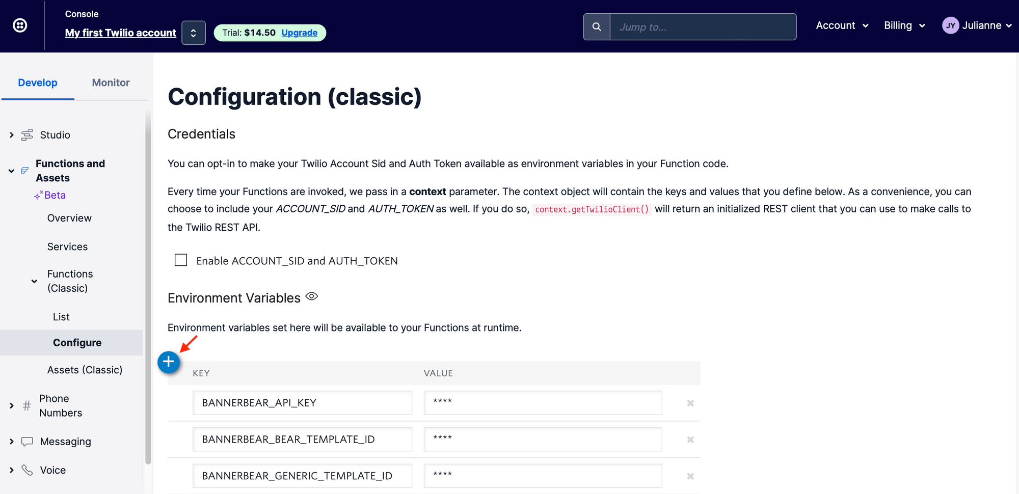 Screenshot of Twilio environment variables configuration