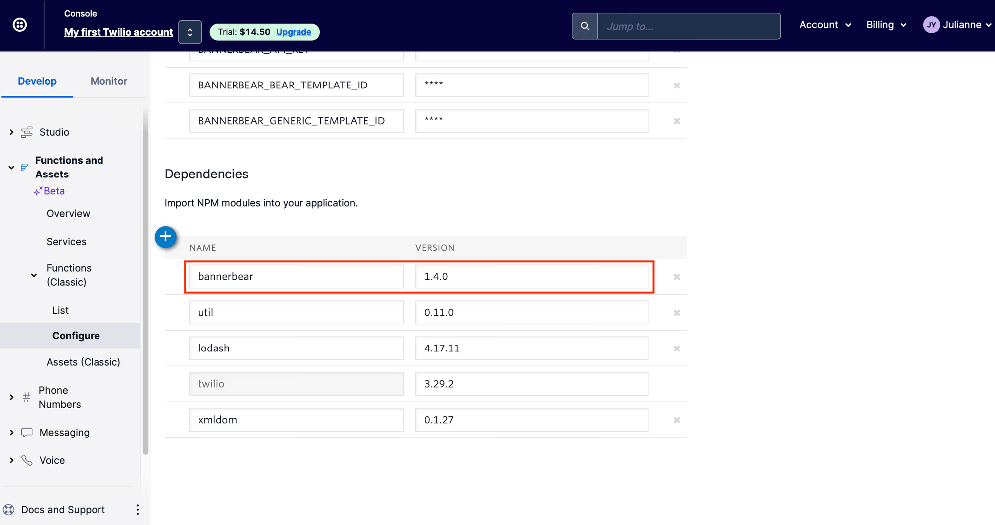 Screenshot of Twilio dependencies configuration