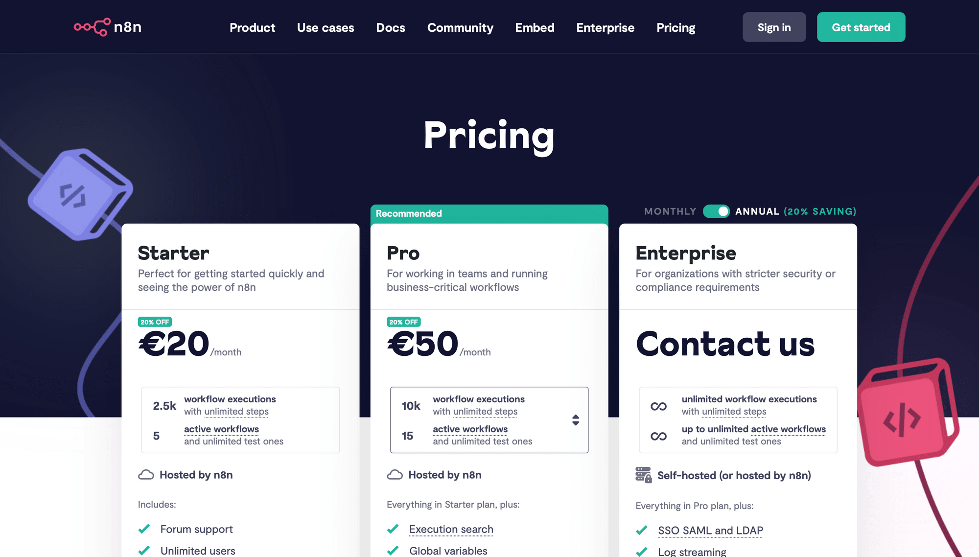 Screenshot of n8n pricing page