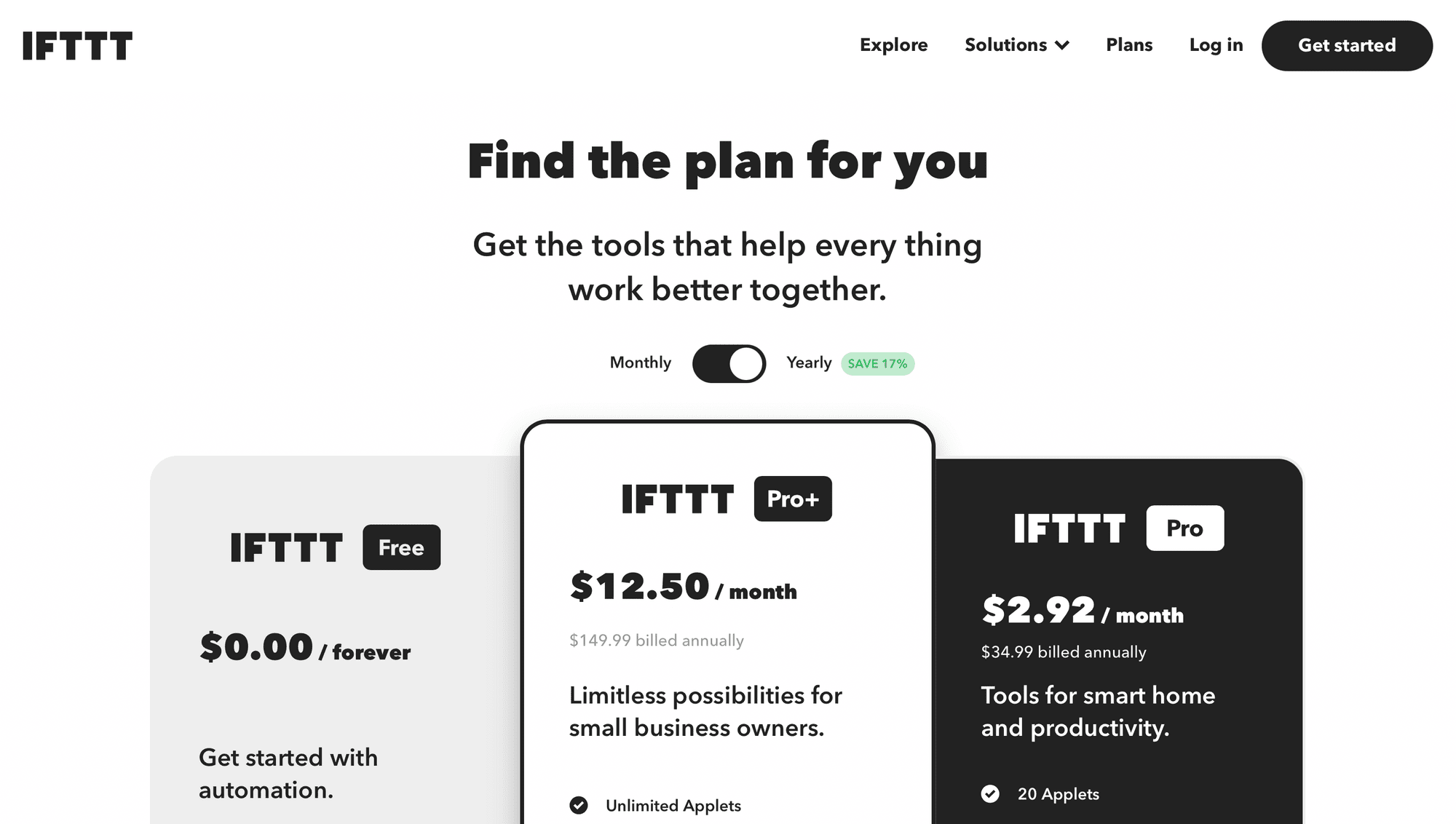 Screenshot of IFTTT pricing page