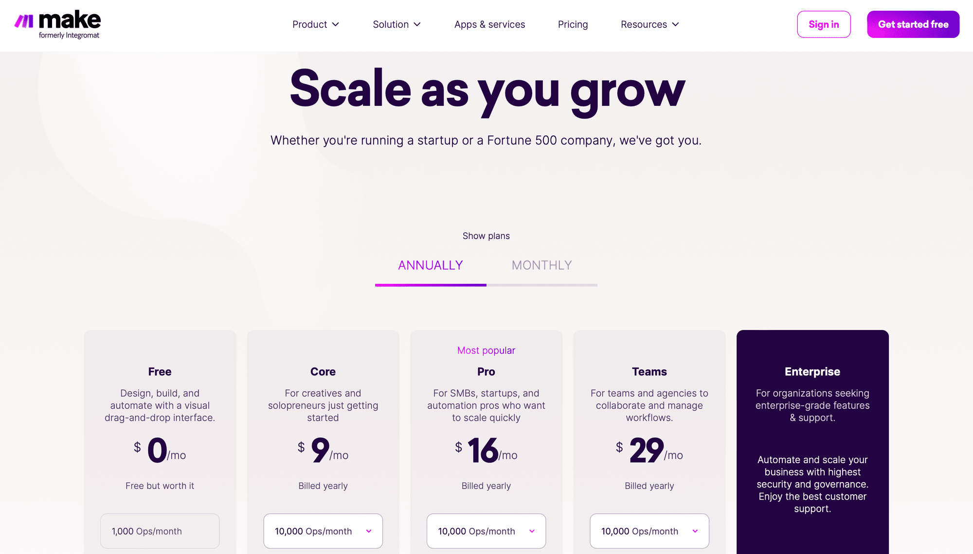 Screenshot of Make pricing page