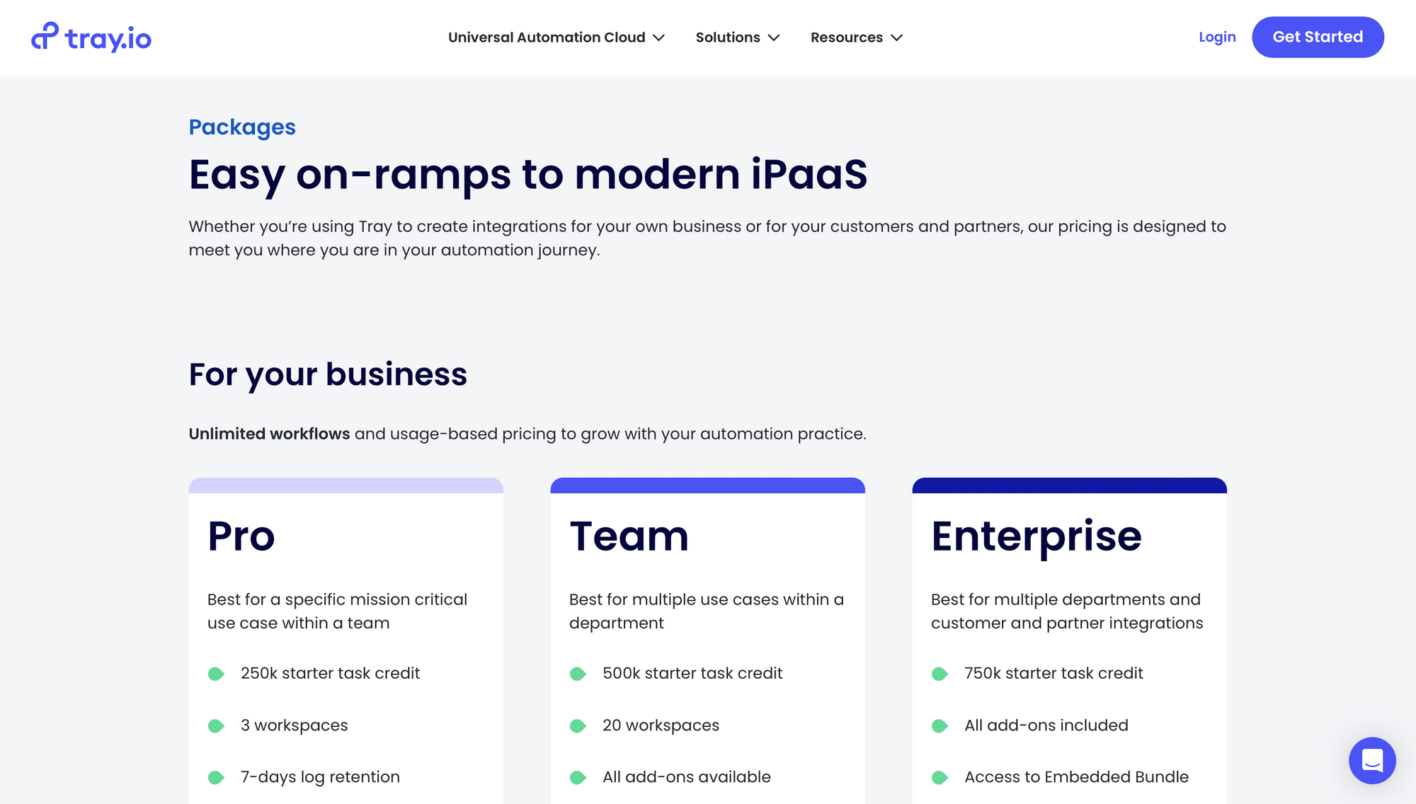 Screenshot of Tray.io pricing page