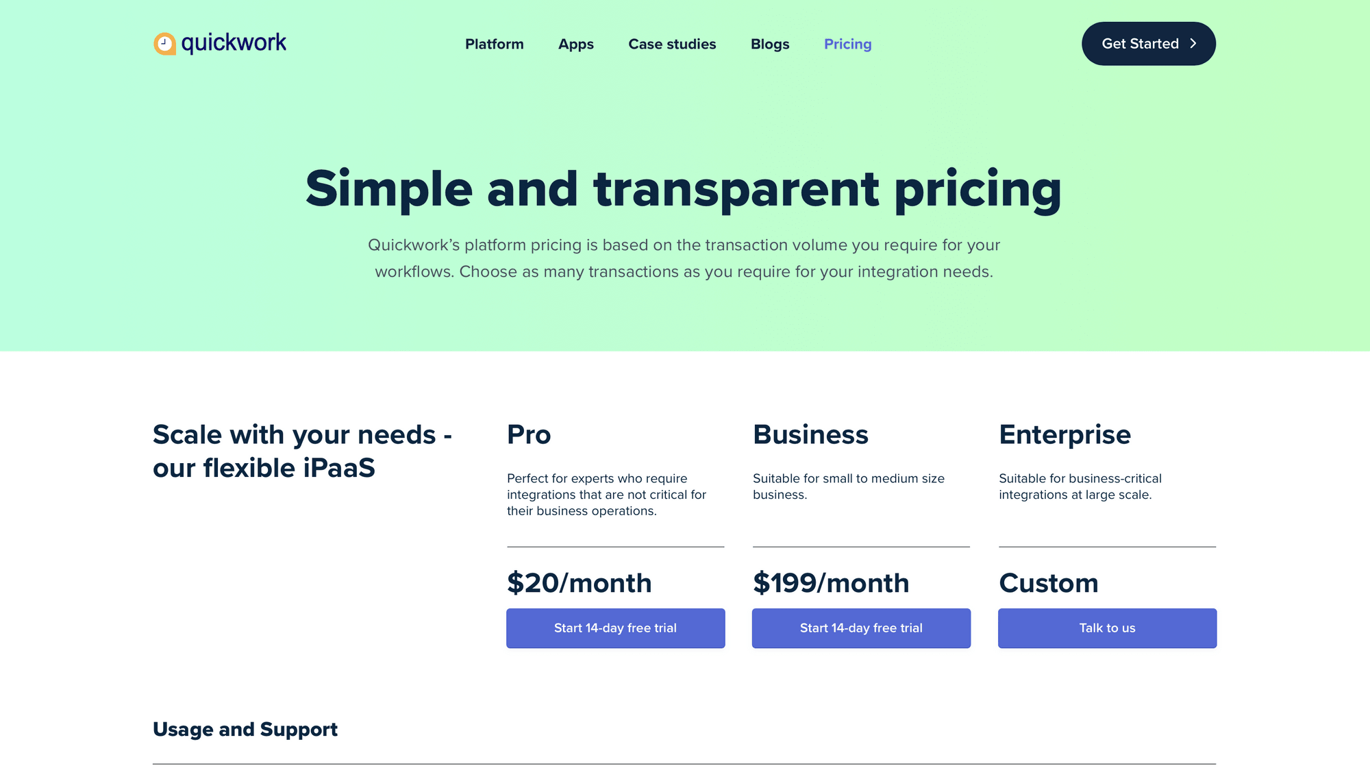 Screenshot of Quickwork pricing page