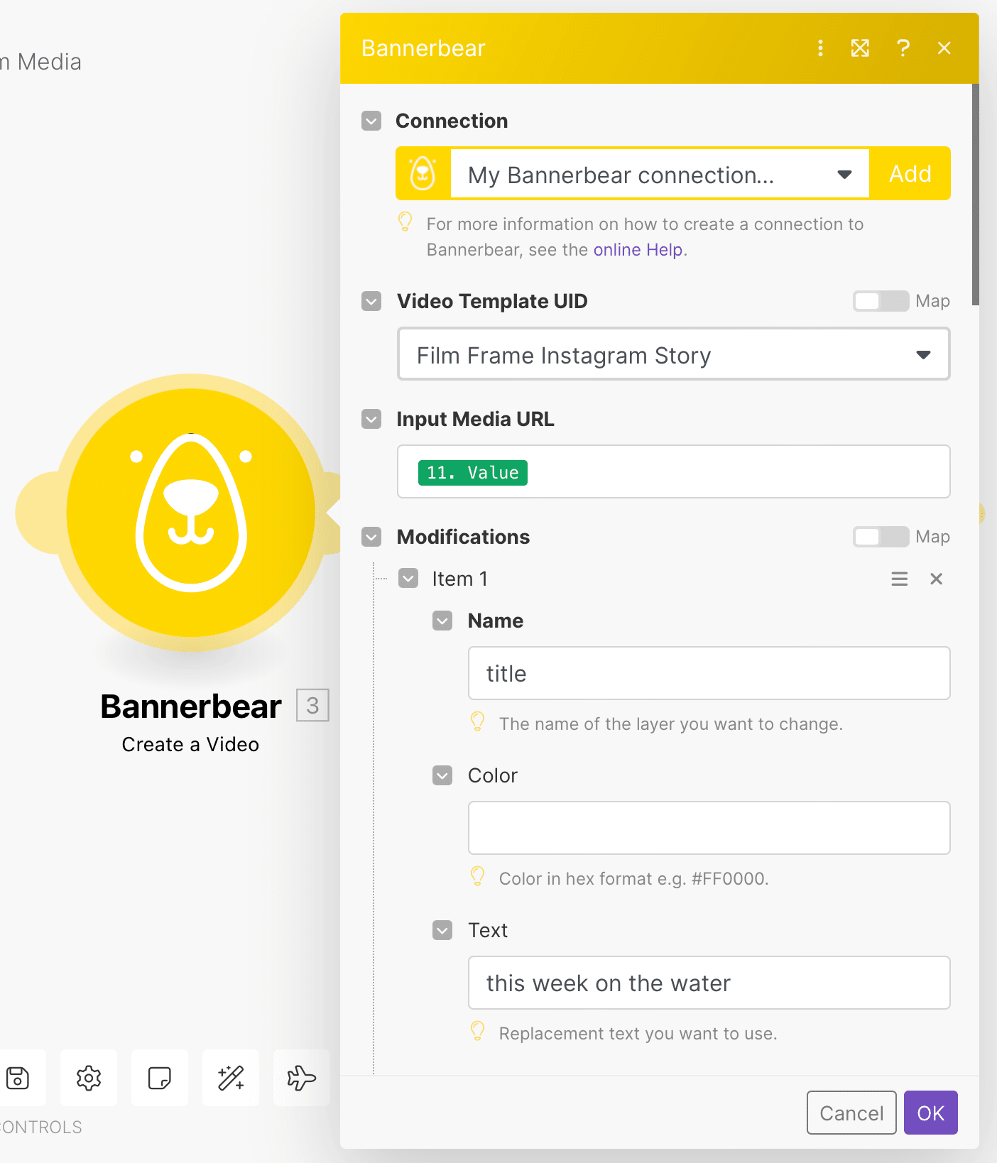 Screenshot of Make Bannerbear create a video module setup