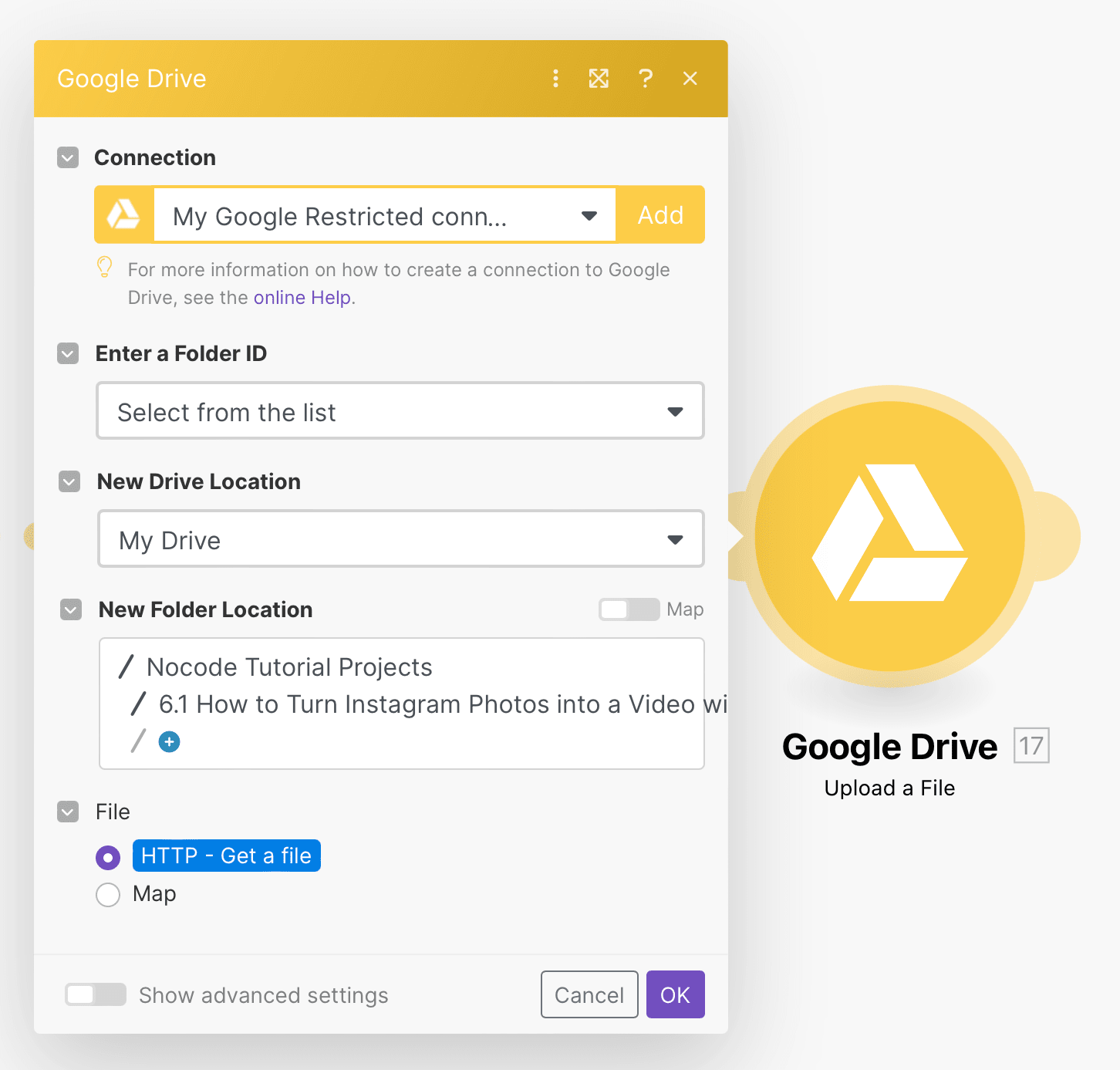 Screenshot of Make Google Drive upload a file module setup