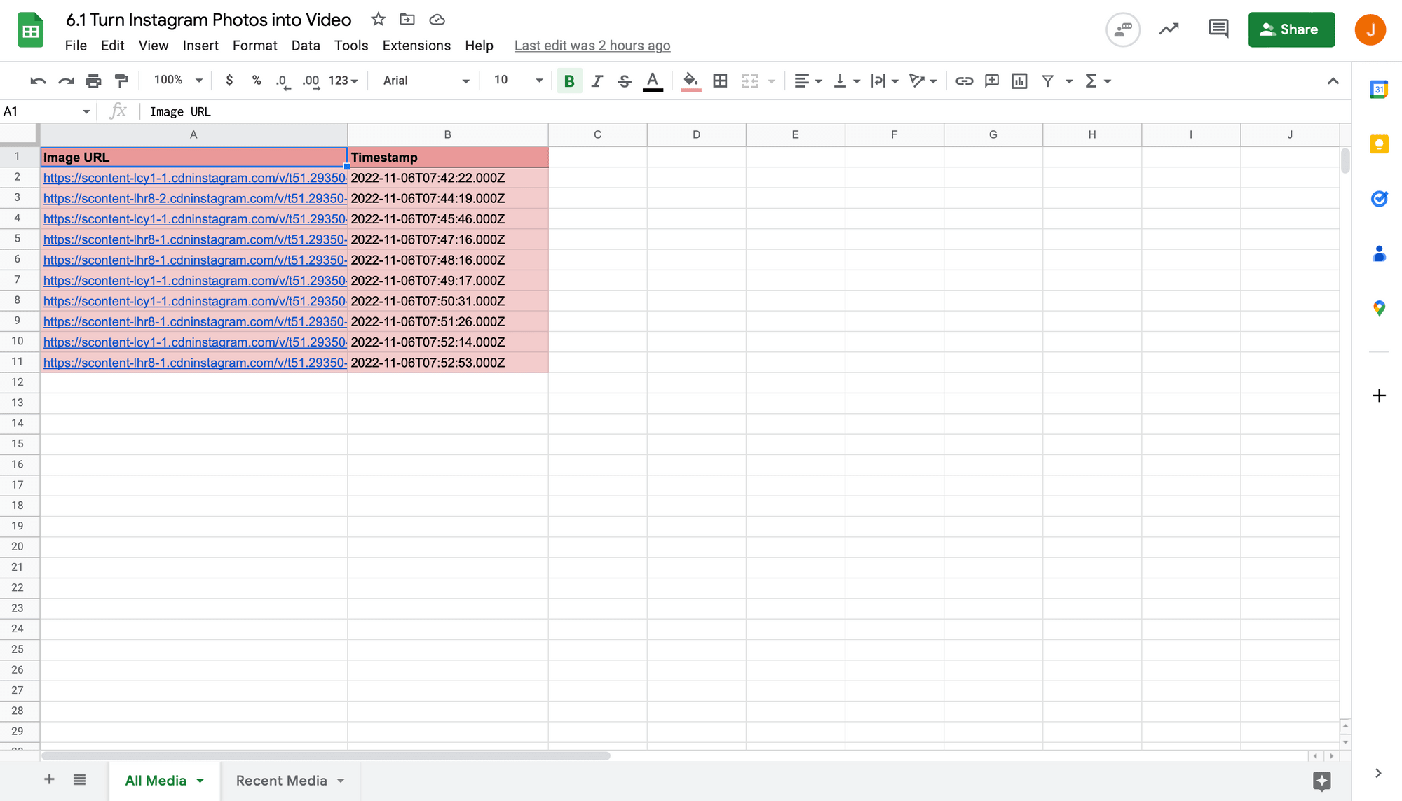 Screenshot of Google Sheets All Media worksheet