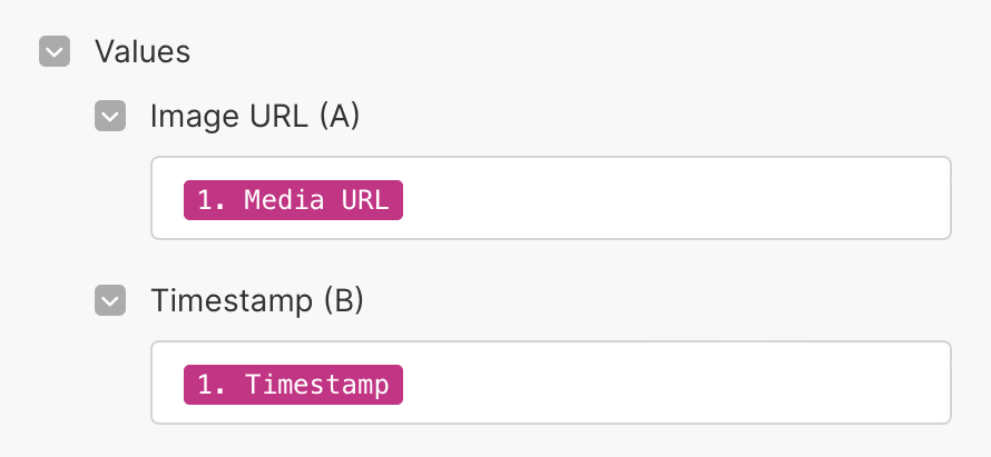 Screenshot of Make Google Sheets module setup with values mapped