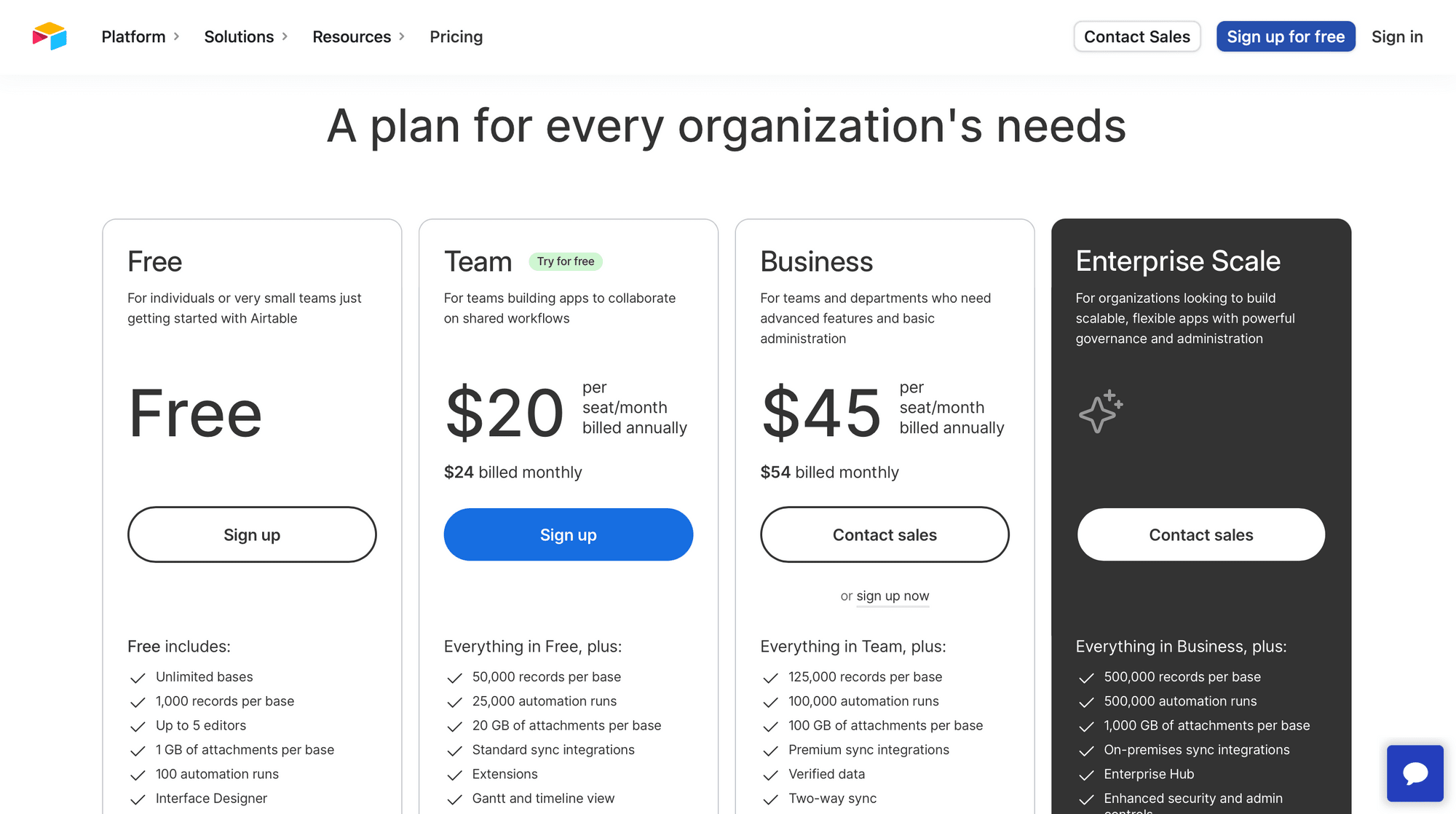 Screenshot of Airtable pricing page