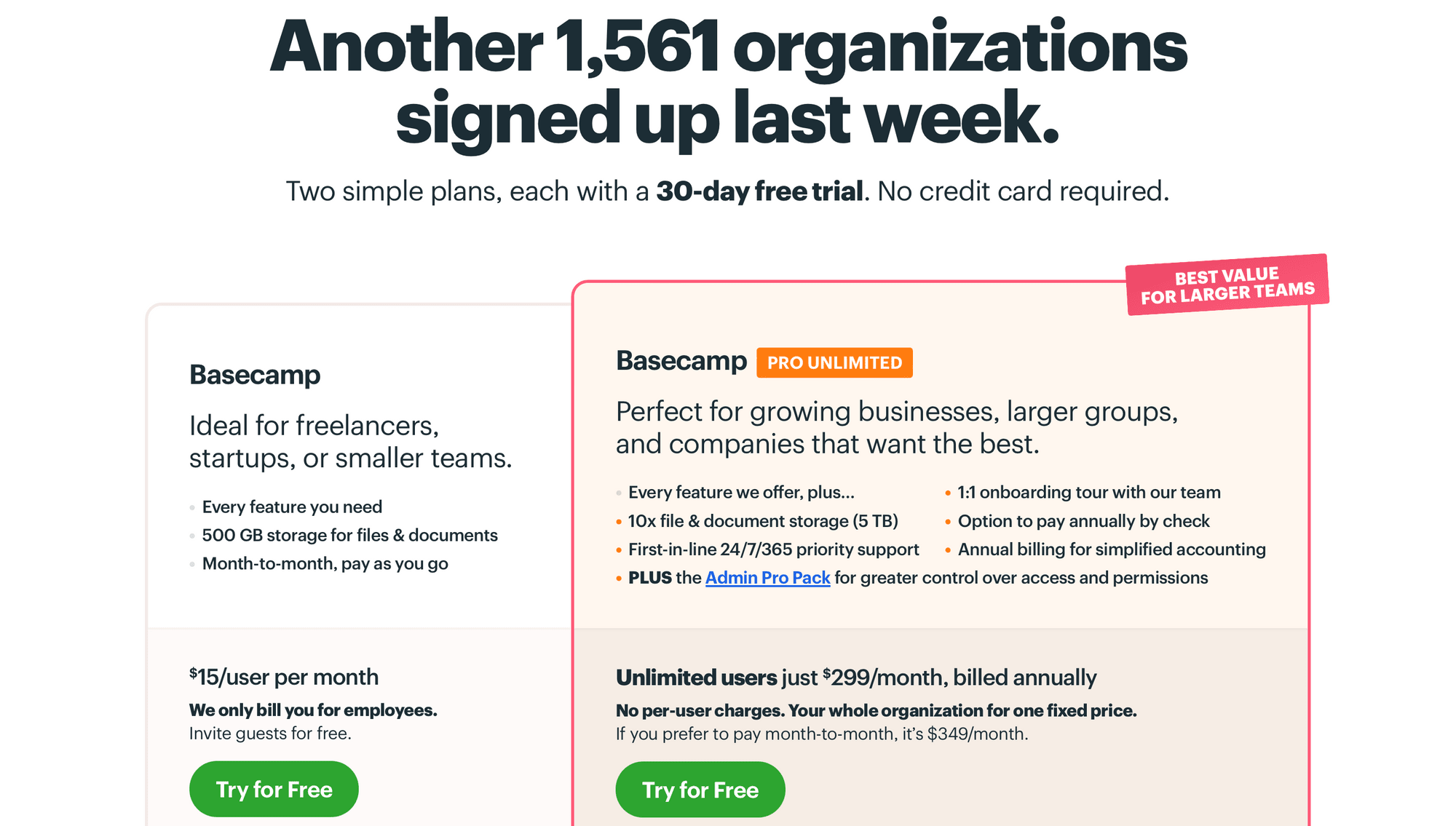 Screenshot of Basecamp pricing page