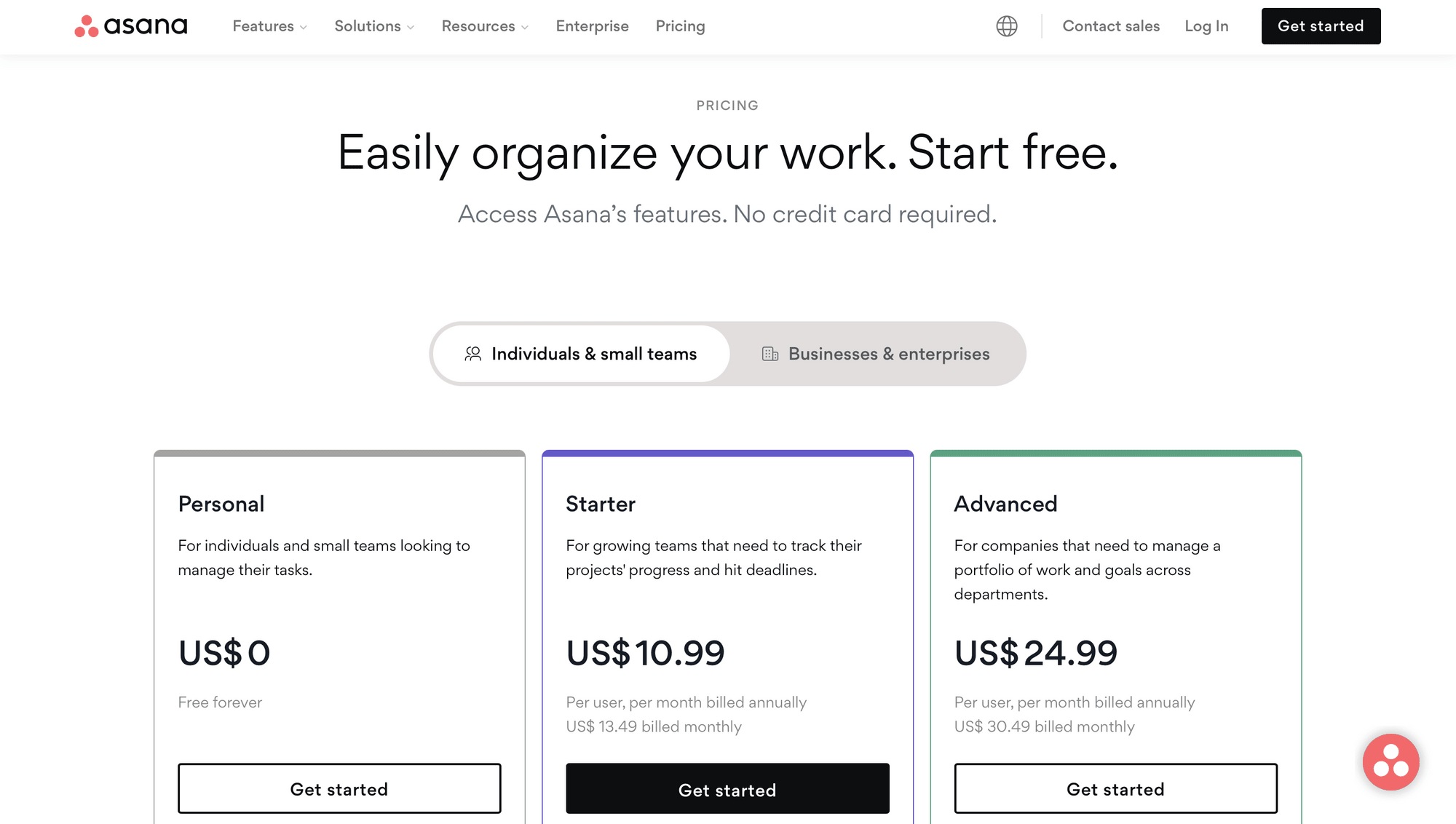 Screenshot of Asana pricing page