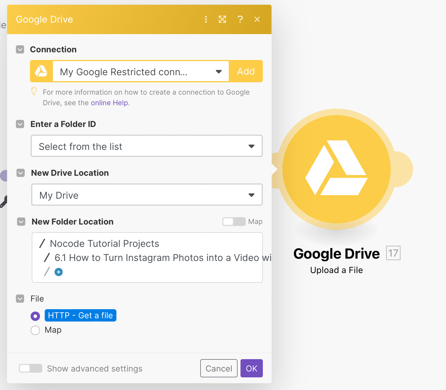 Screenshot of Make Google Drive upload a file module setup