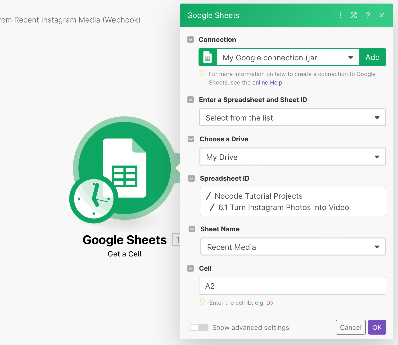 Screenshot of Make Google Sheets get a cell module setup