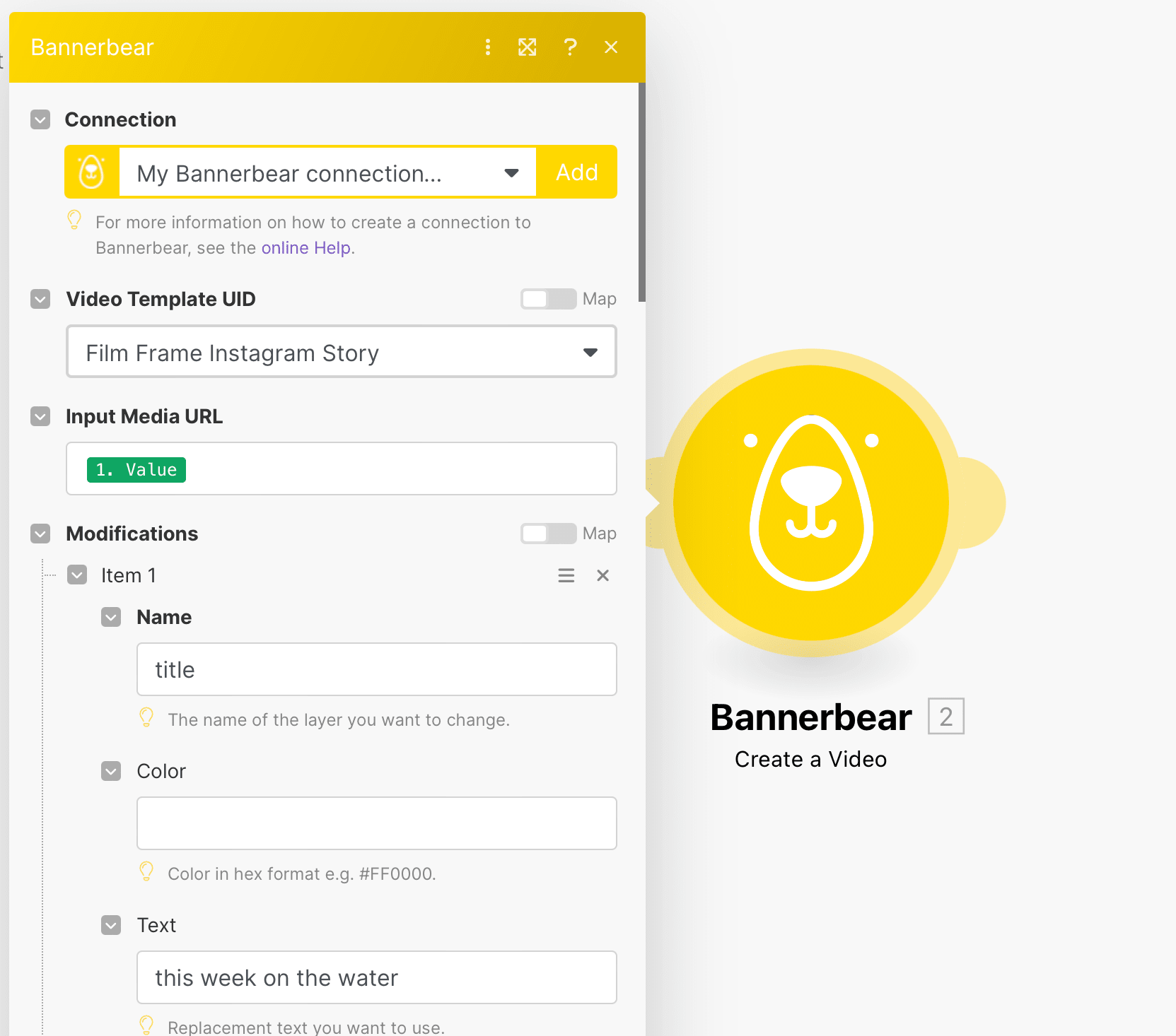 Screenshot of Make Bannerbear create a video module setup