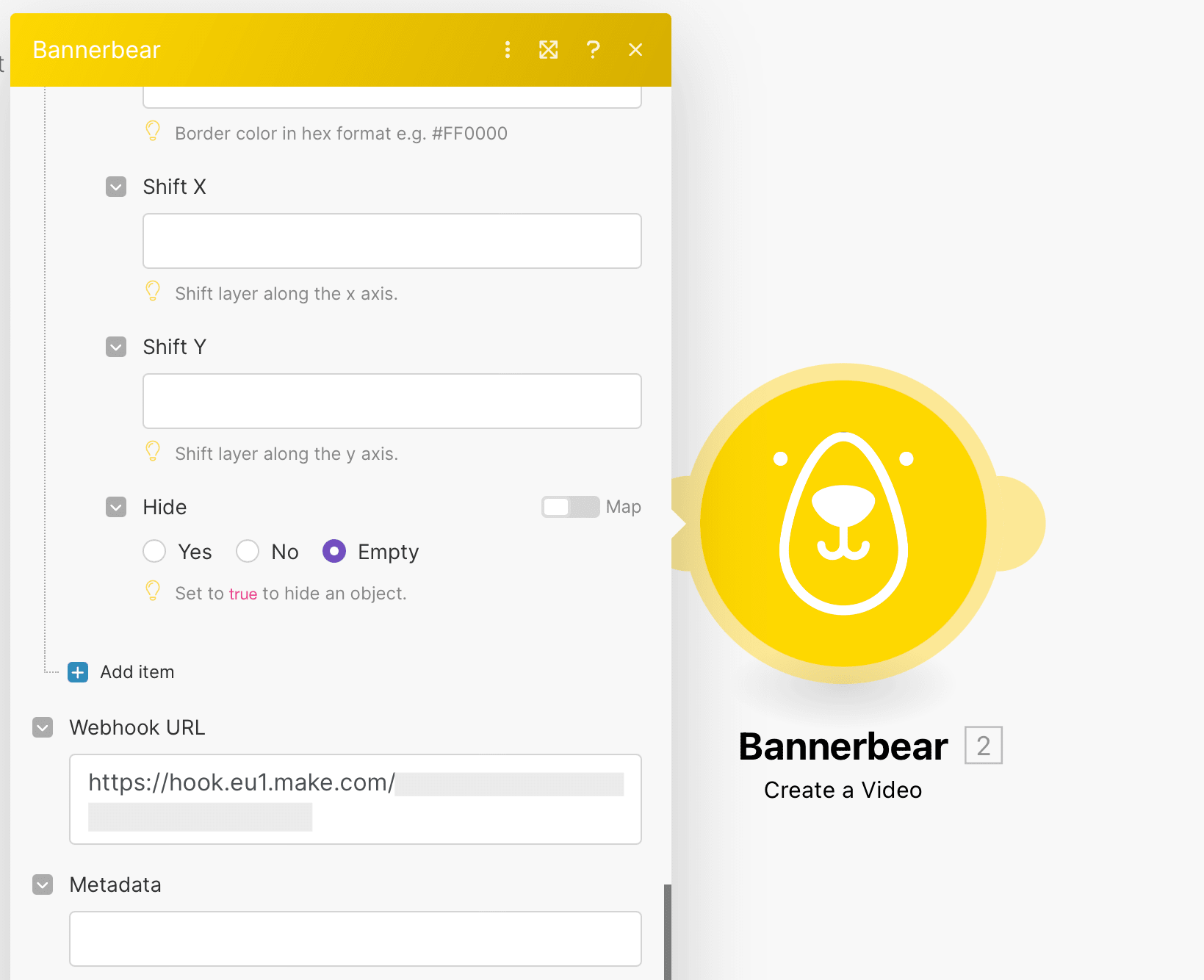 Screenshot of Make Bannerbear create a video module webhook URL setup