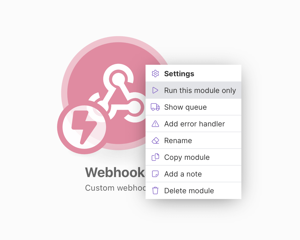 Screenshot of Make Webhooks custom webhook module individual run