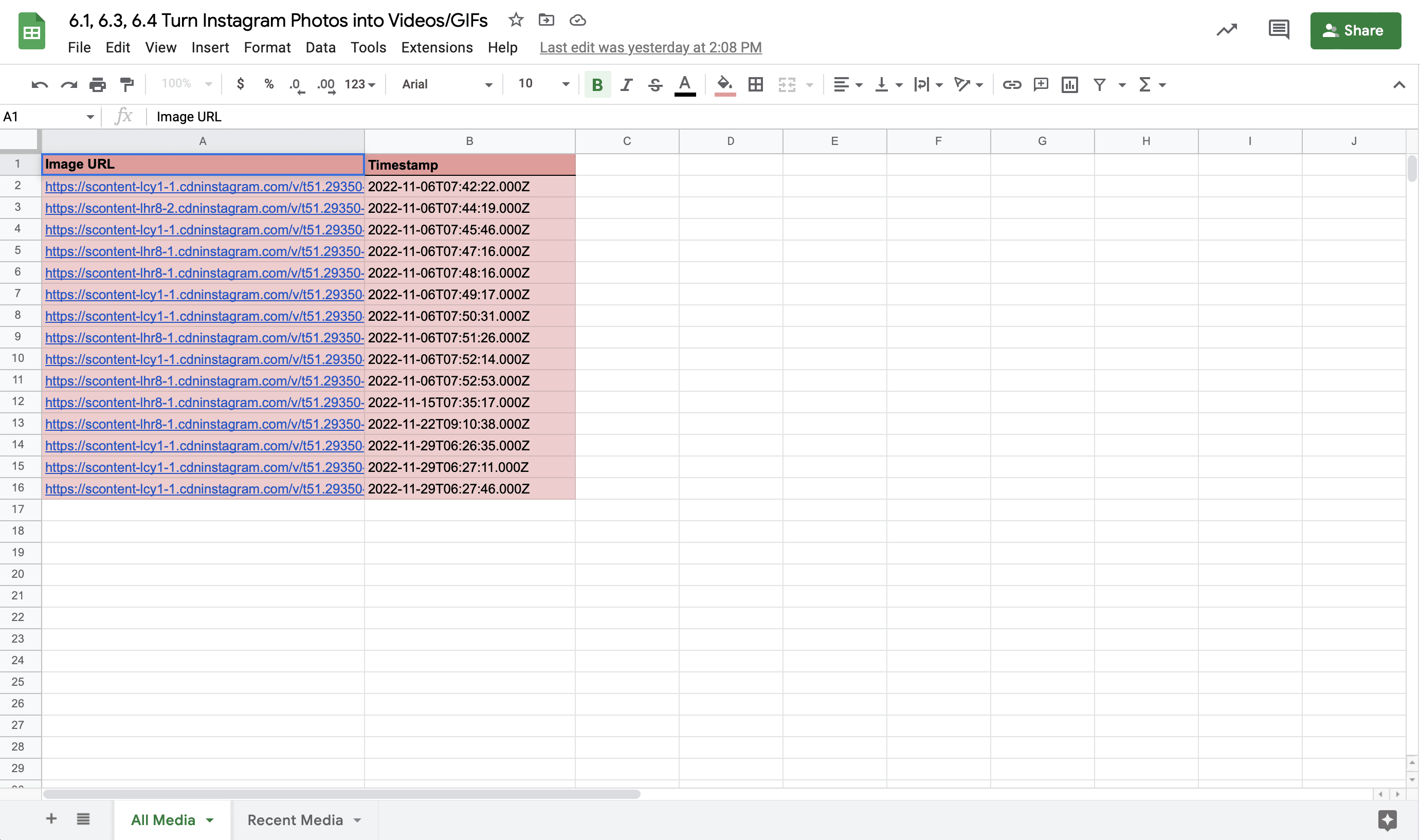 Screenshot of Google Sheets All Media sheet