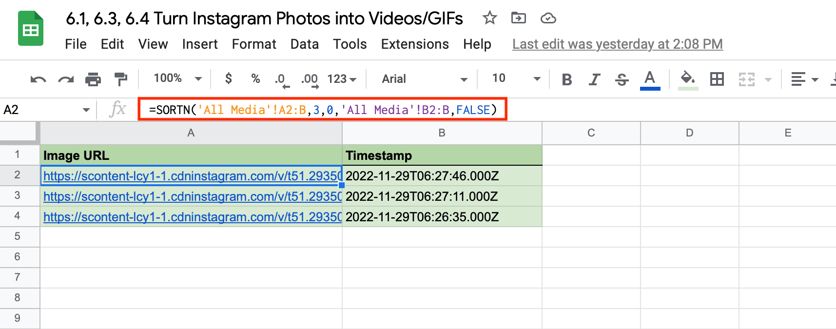 Screenshot of Google Sheets Recent Media sheet with red box around formula