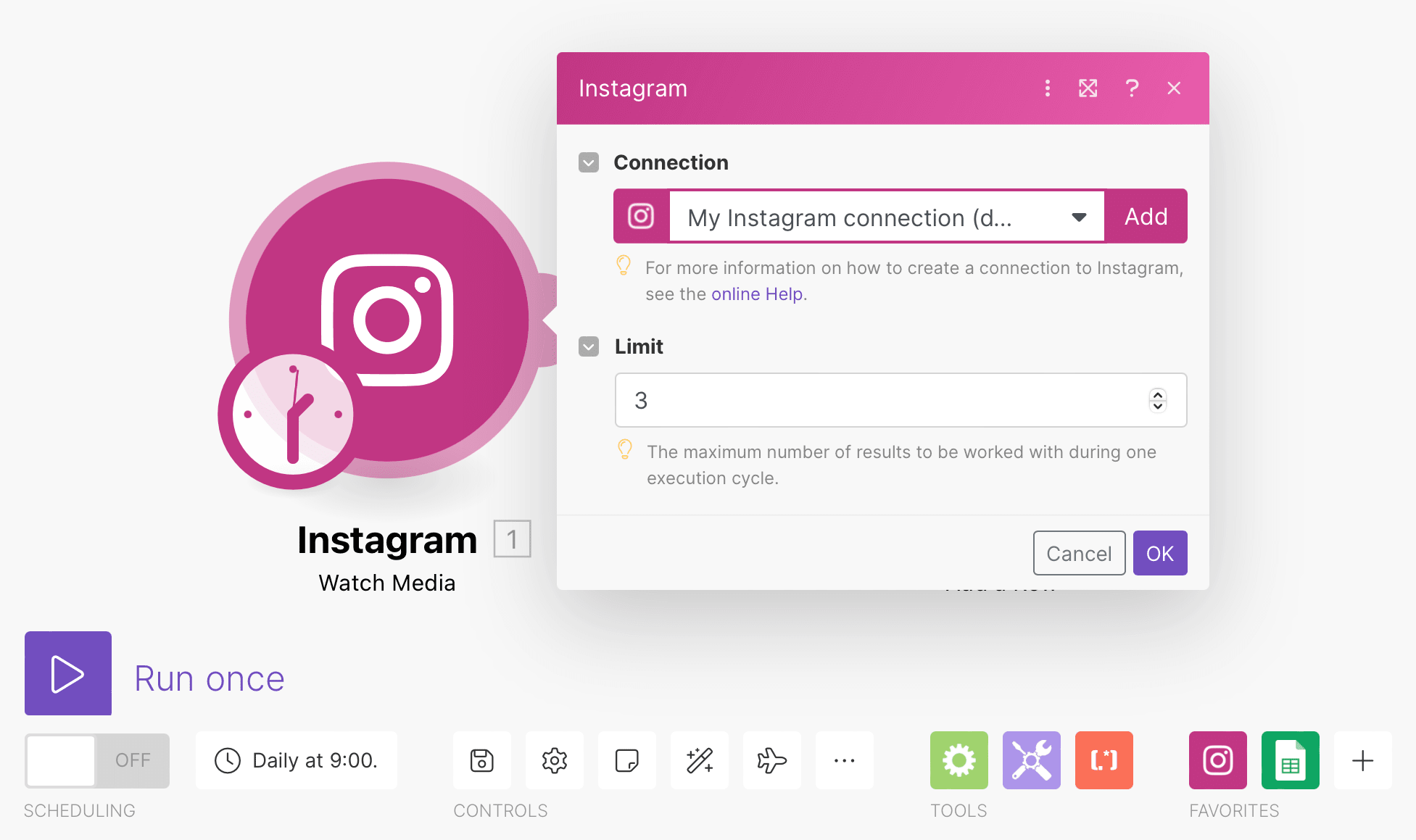 Screenshot of Make Instagram watch media module setup