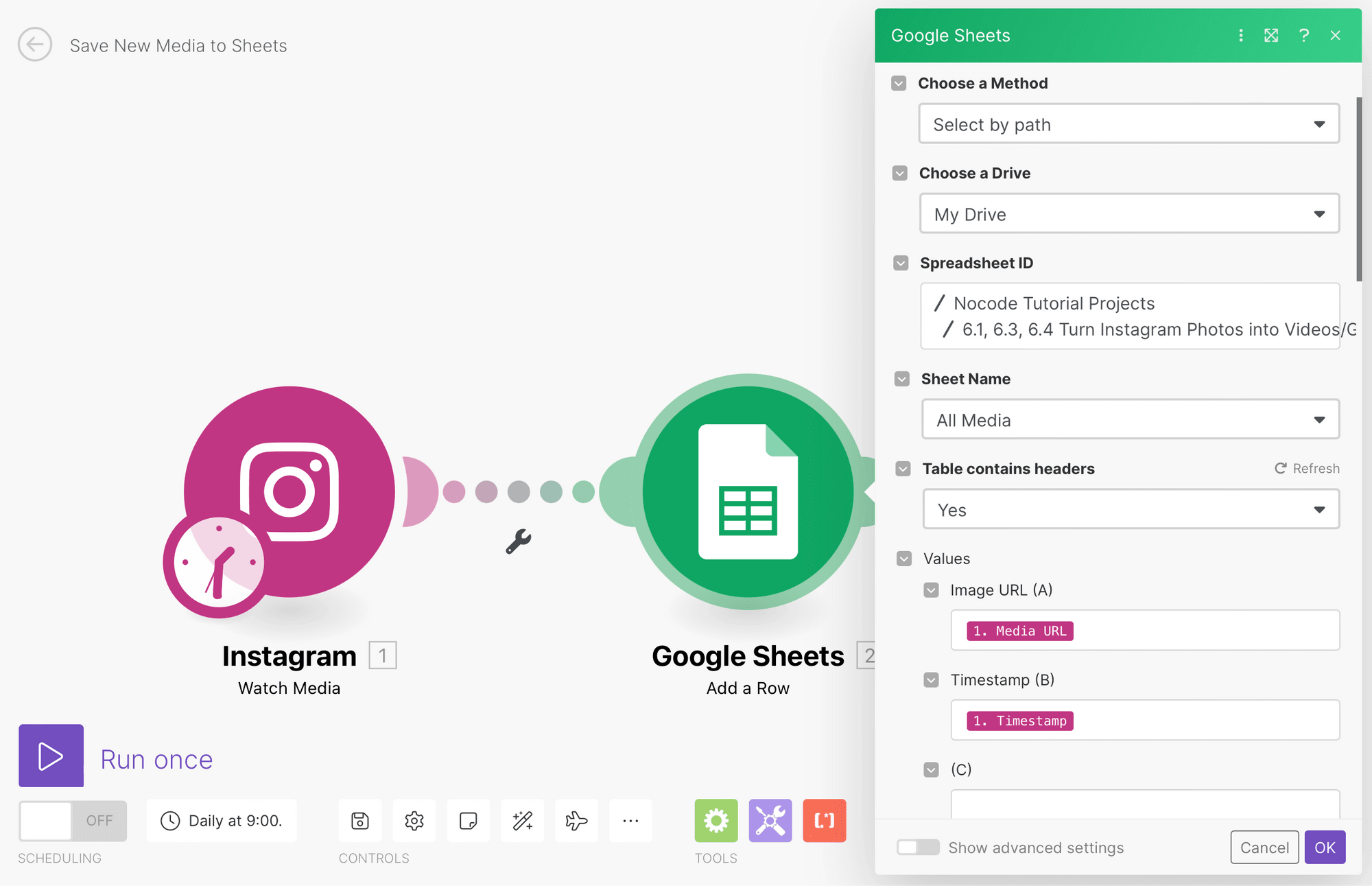 Screenshot of Make Google Sheets add a row module setup