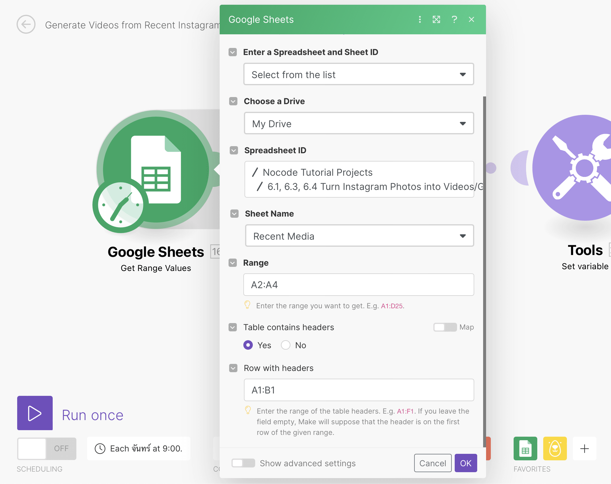 Screenshot of Google Sheets get range values module setup