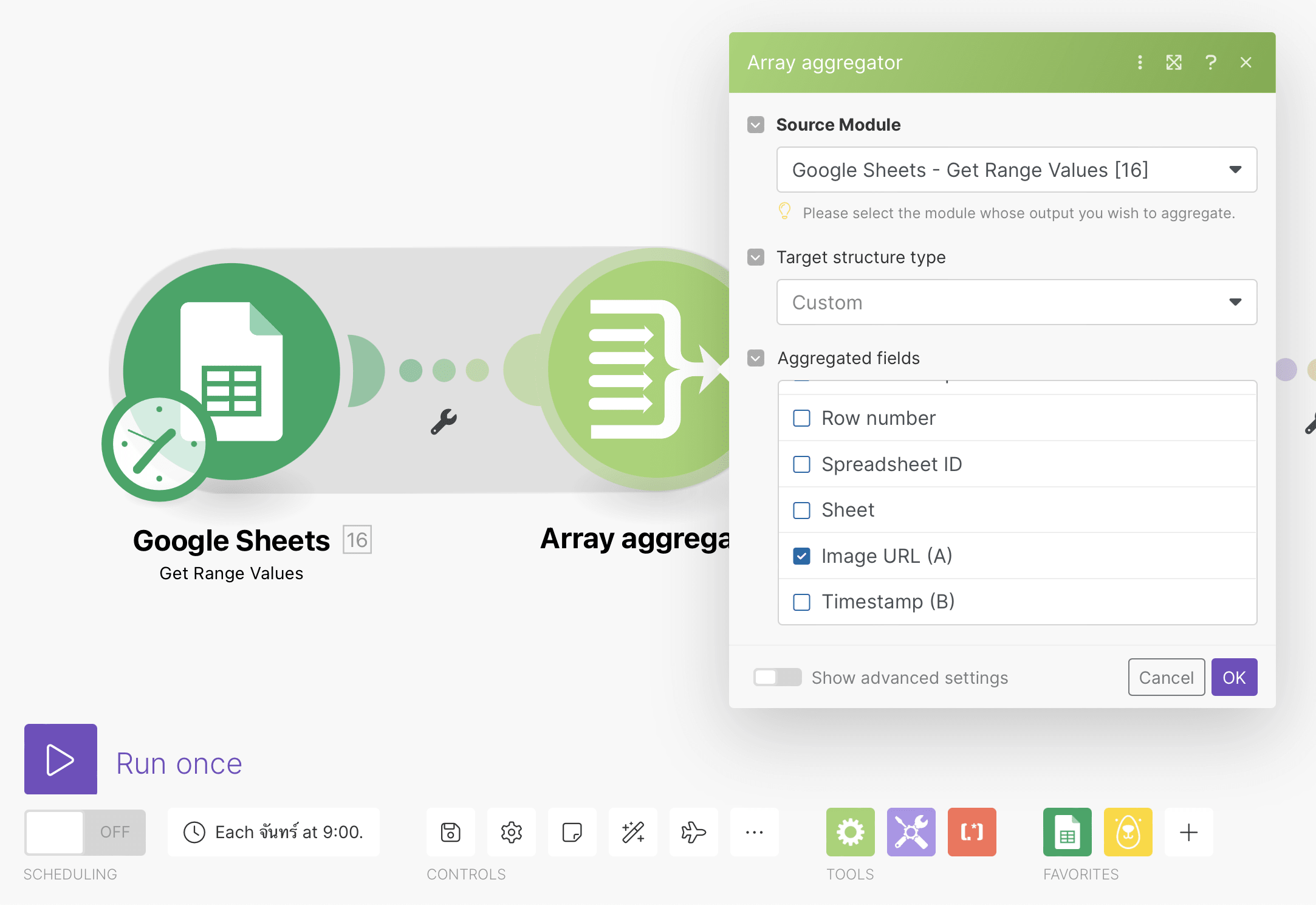 Screenshot of Make Array Aggregator tool setup