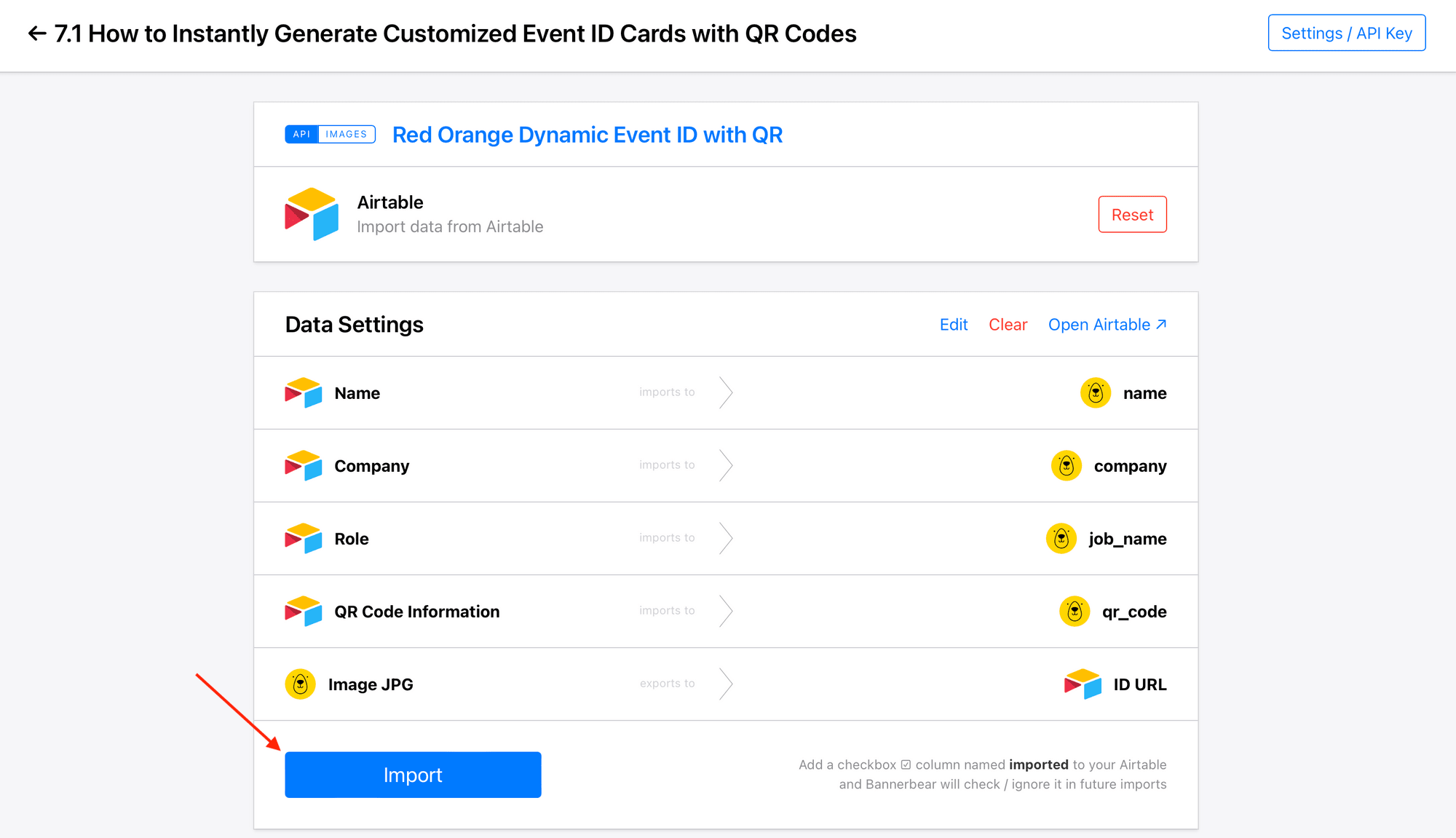 Screenshot of Bannerbear Airtable integration with red arrow pointing to Import