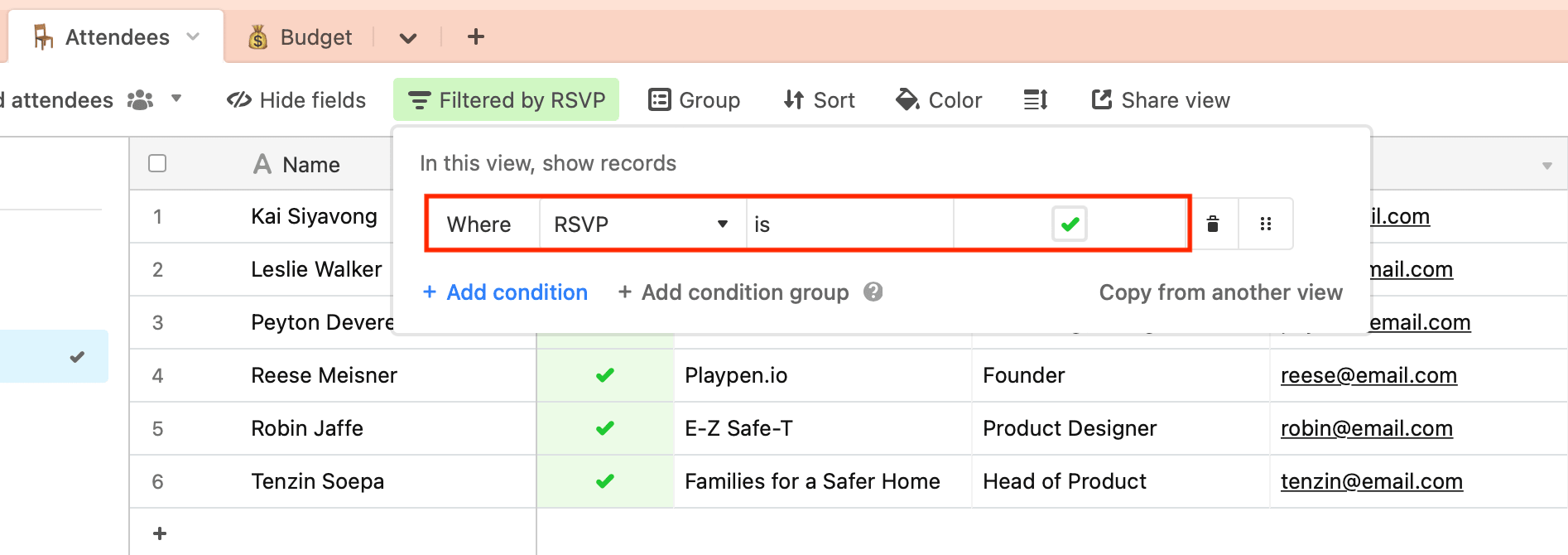 Screenshot of Airtable confirmed attendees filter outlined in red