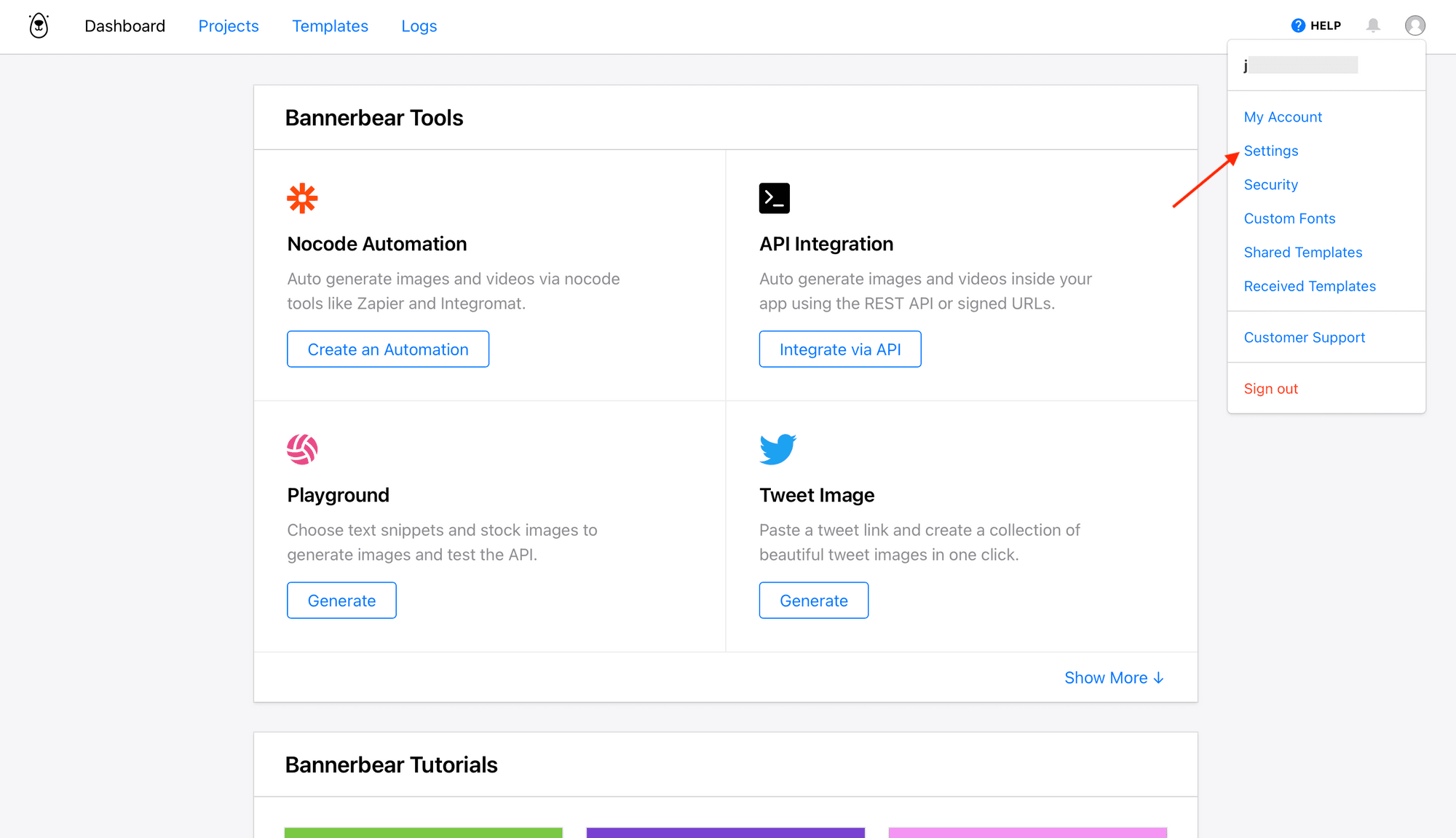Screenshot of Bannerbear dashboard with red arrow pointing to Settings