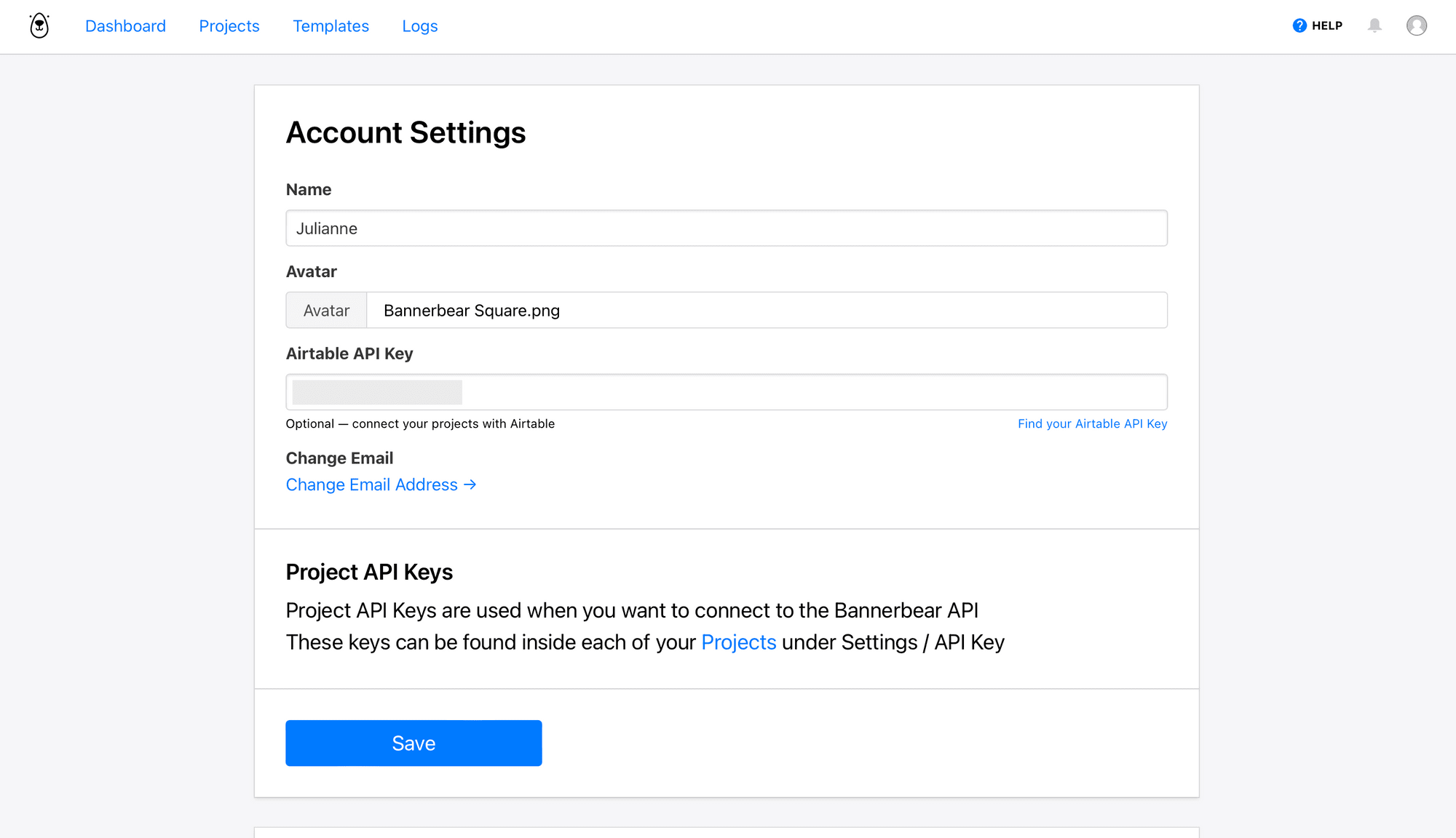 Screenshot of Bannerbear account settings