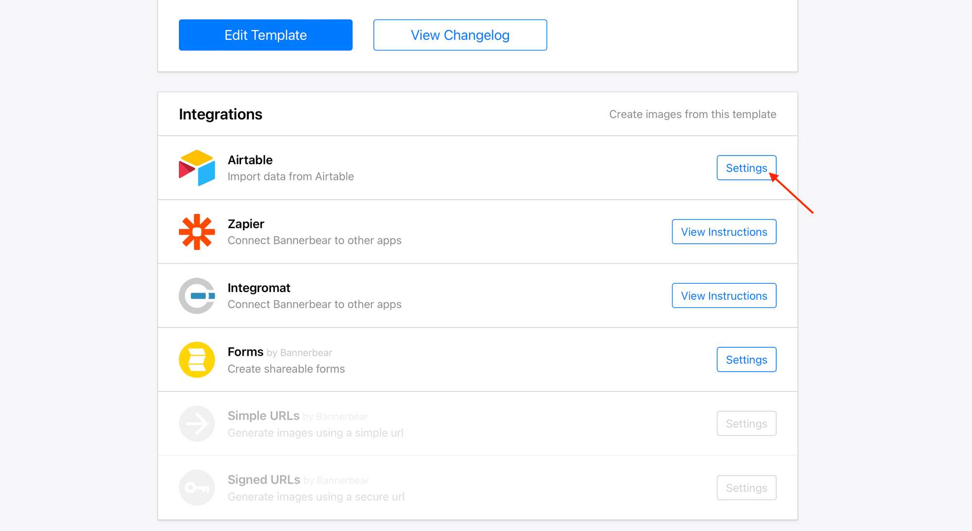 Screenshot of Bannerbear Airtable Integrations with red arrow pointing at Settings