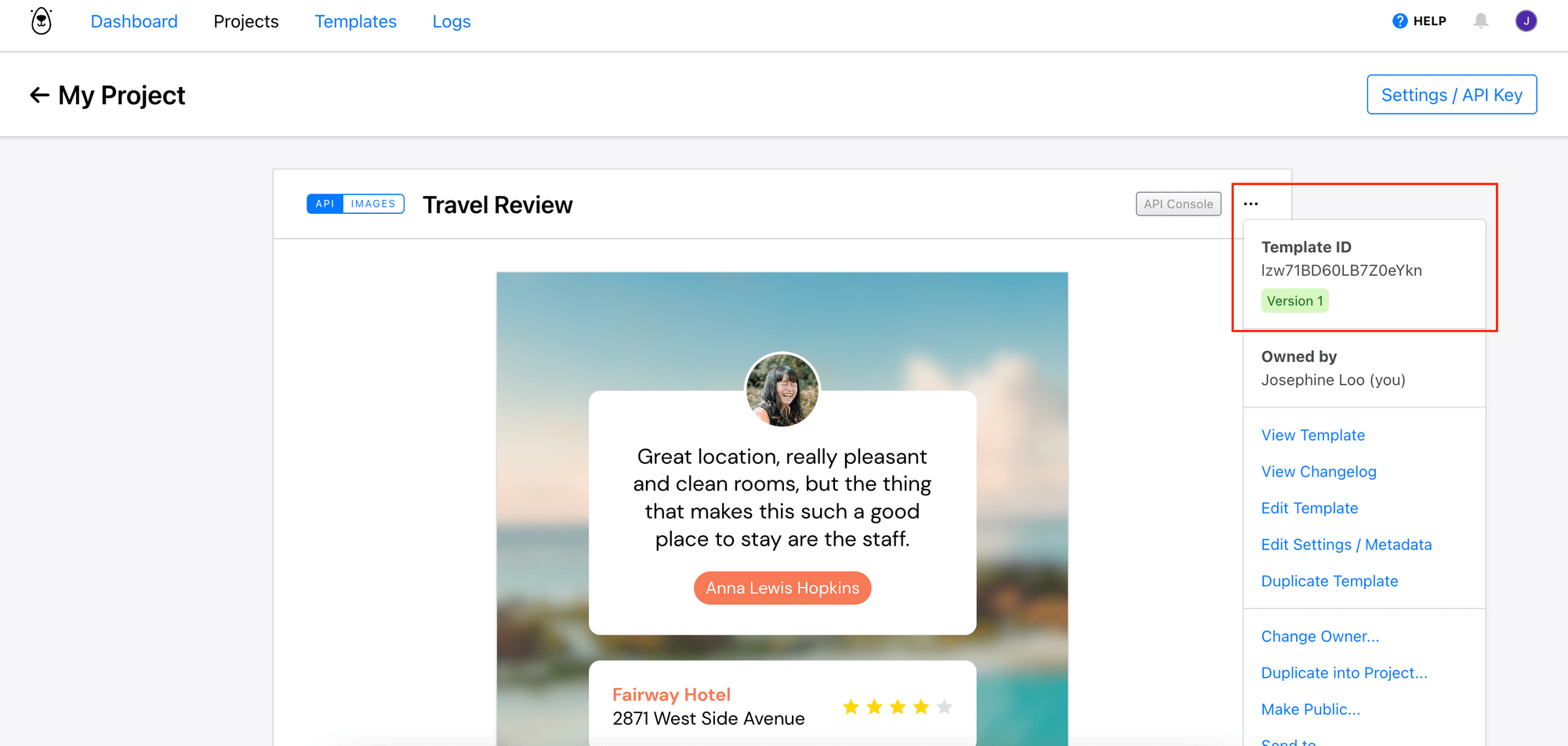 Bannerbear Travel Review template Settings