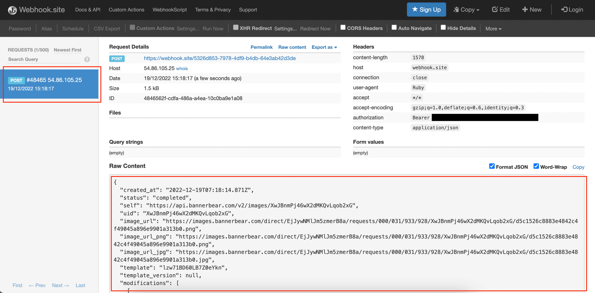 webhook captured by Webhook.site