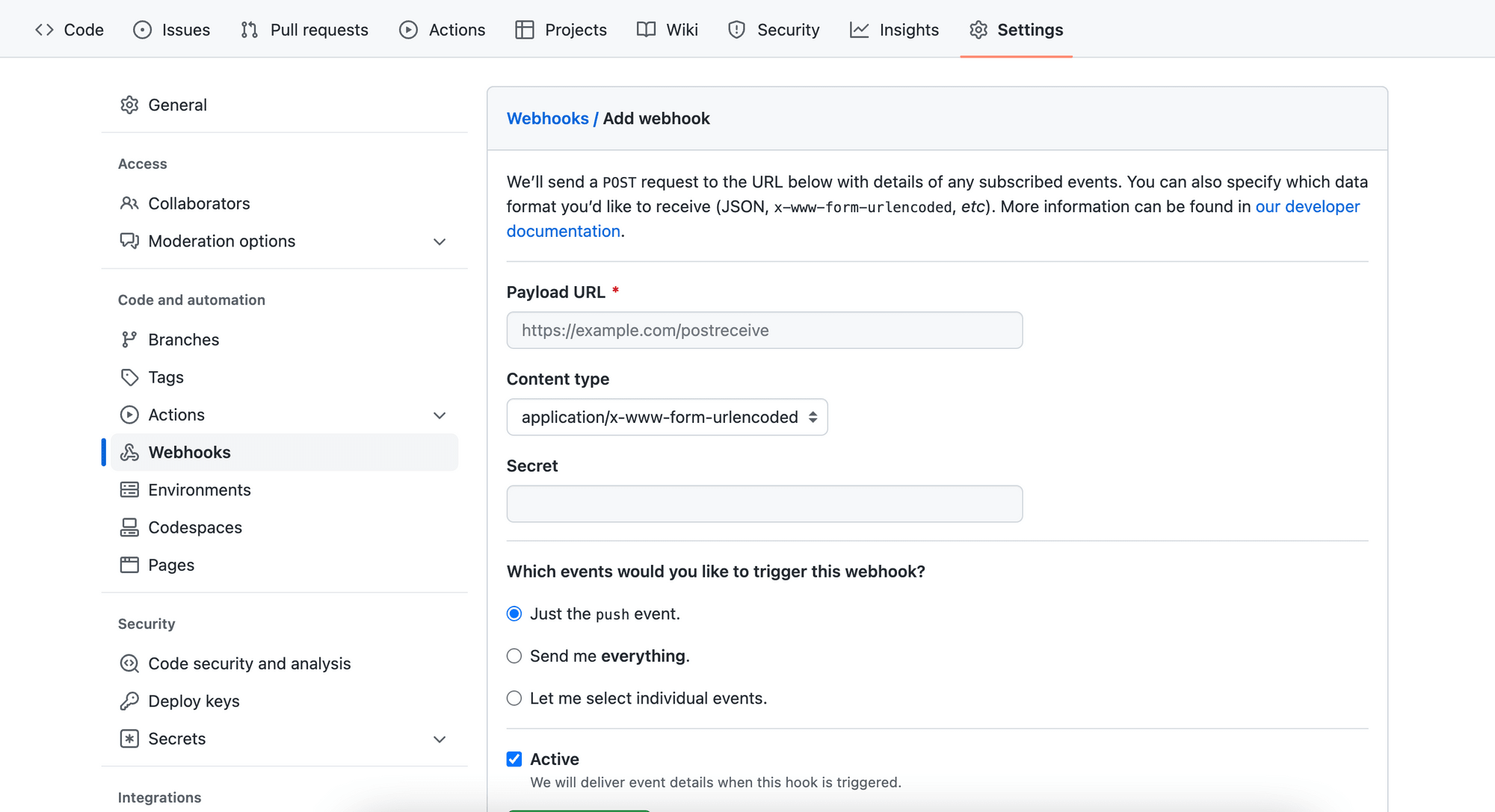 GitHub webhook page