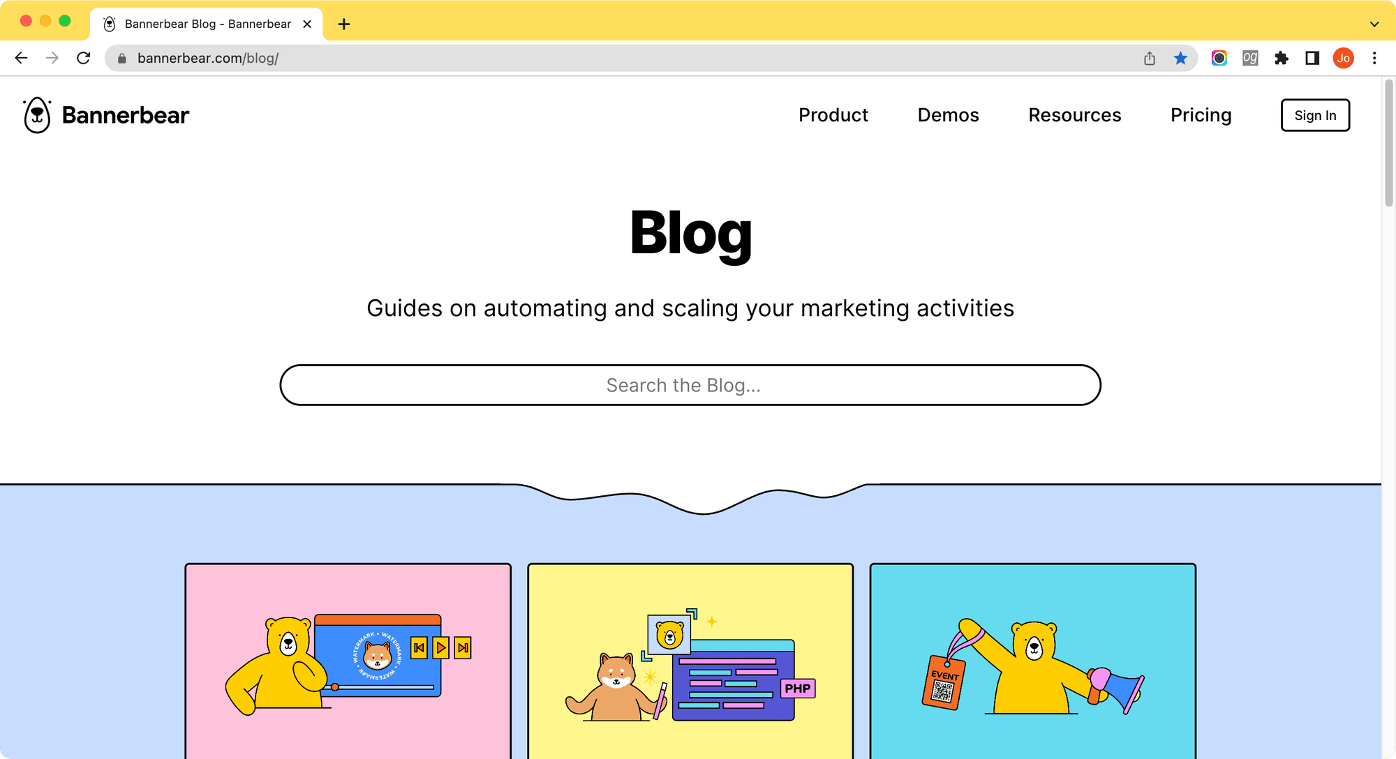 a screenshot of Bannerbear Blog with the page title changed from "Bannerbear Blog" to "Blog"
